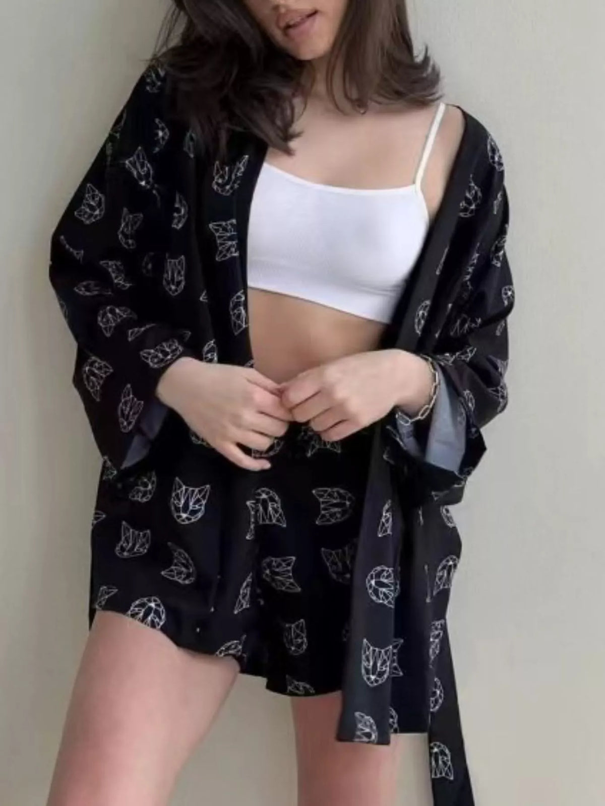 Printed cardigan and shorts set, black cat-print front