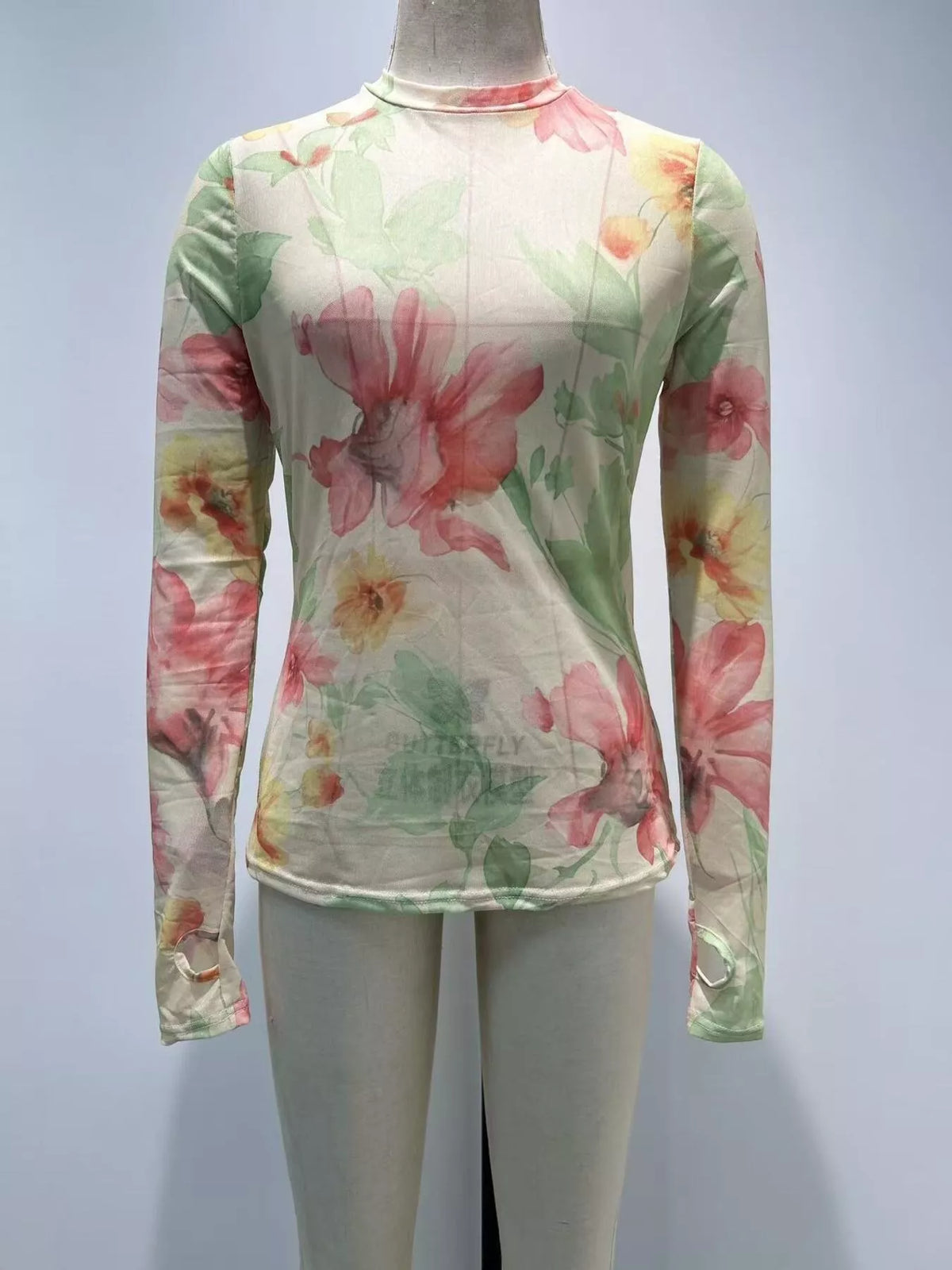 Beige floral print sheer mesh long sleeve t-shirt, back view