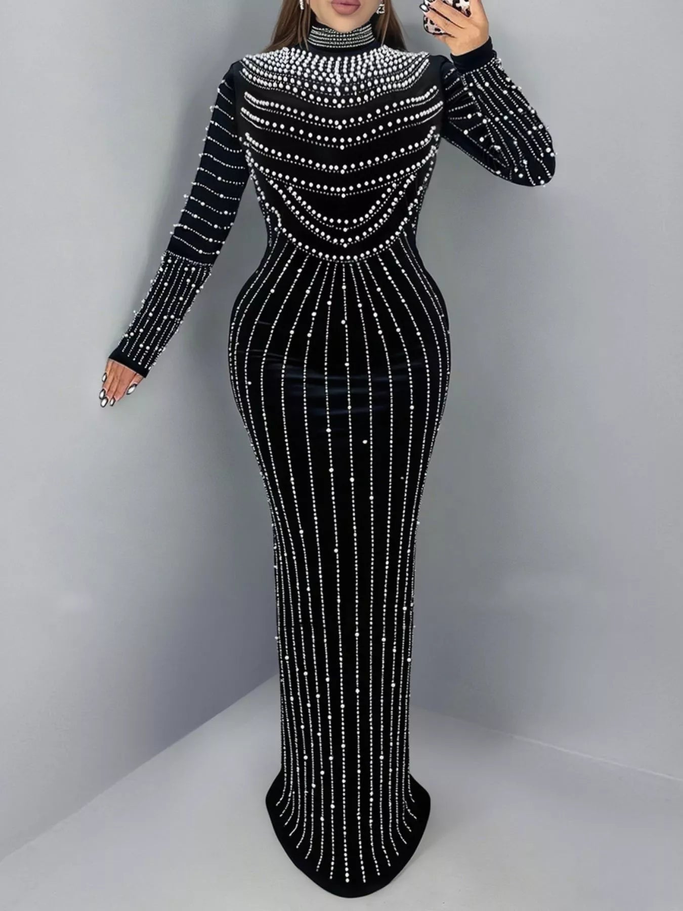 Trendsi Rhinestone Embellished Mock Neck Long Sleeve Maxi Dress -