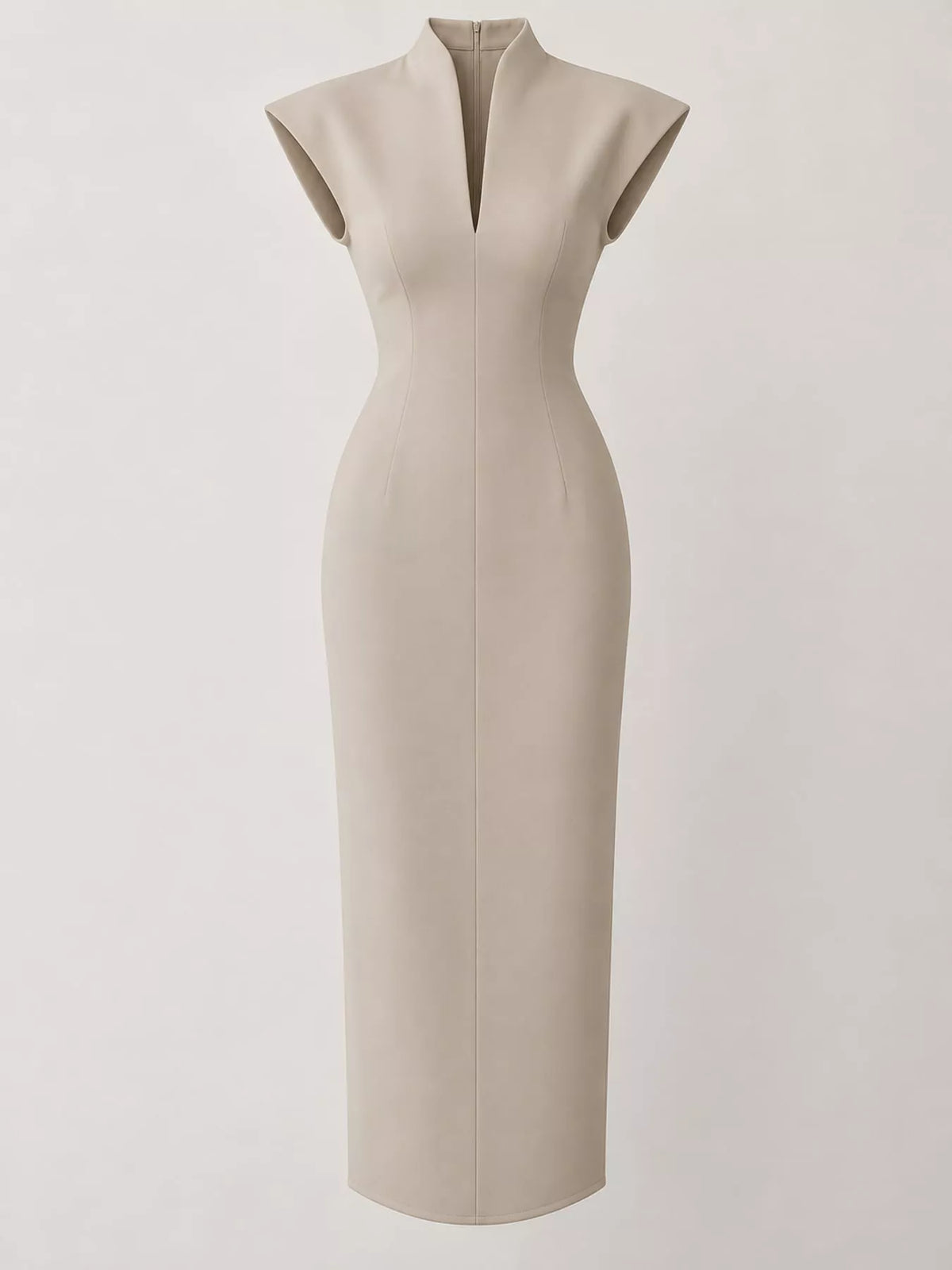 Women's Slit Sleeveless Bodycon Midi Dress in beige — mannequin front view