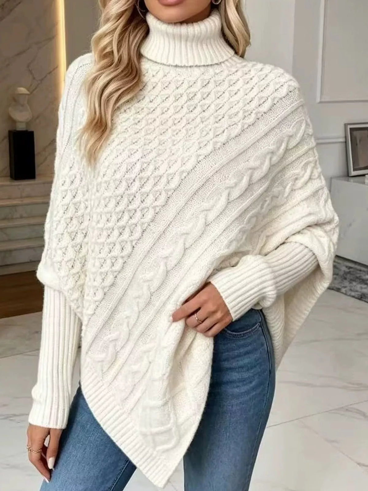 Turtleneck Cable Knit Sweater in off-white
