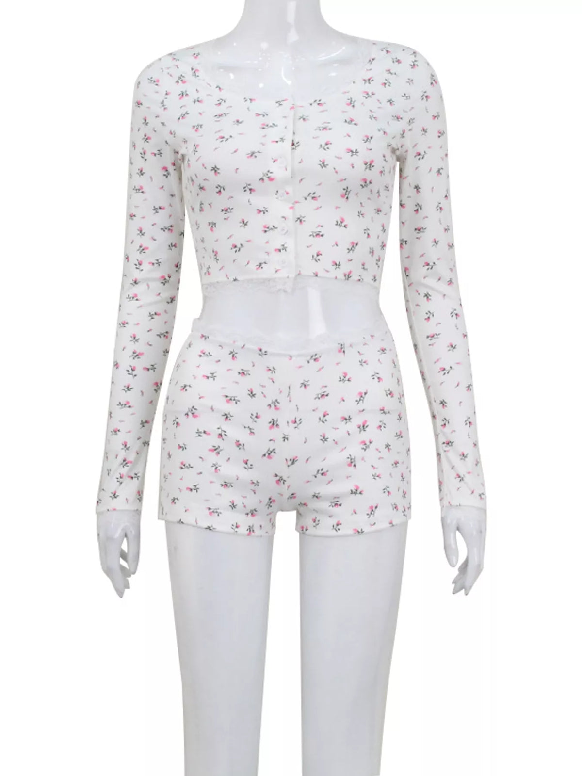 Lace Detail Floral Top and Shorts Lounge Set in white