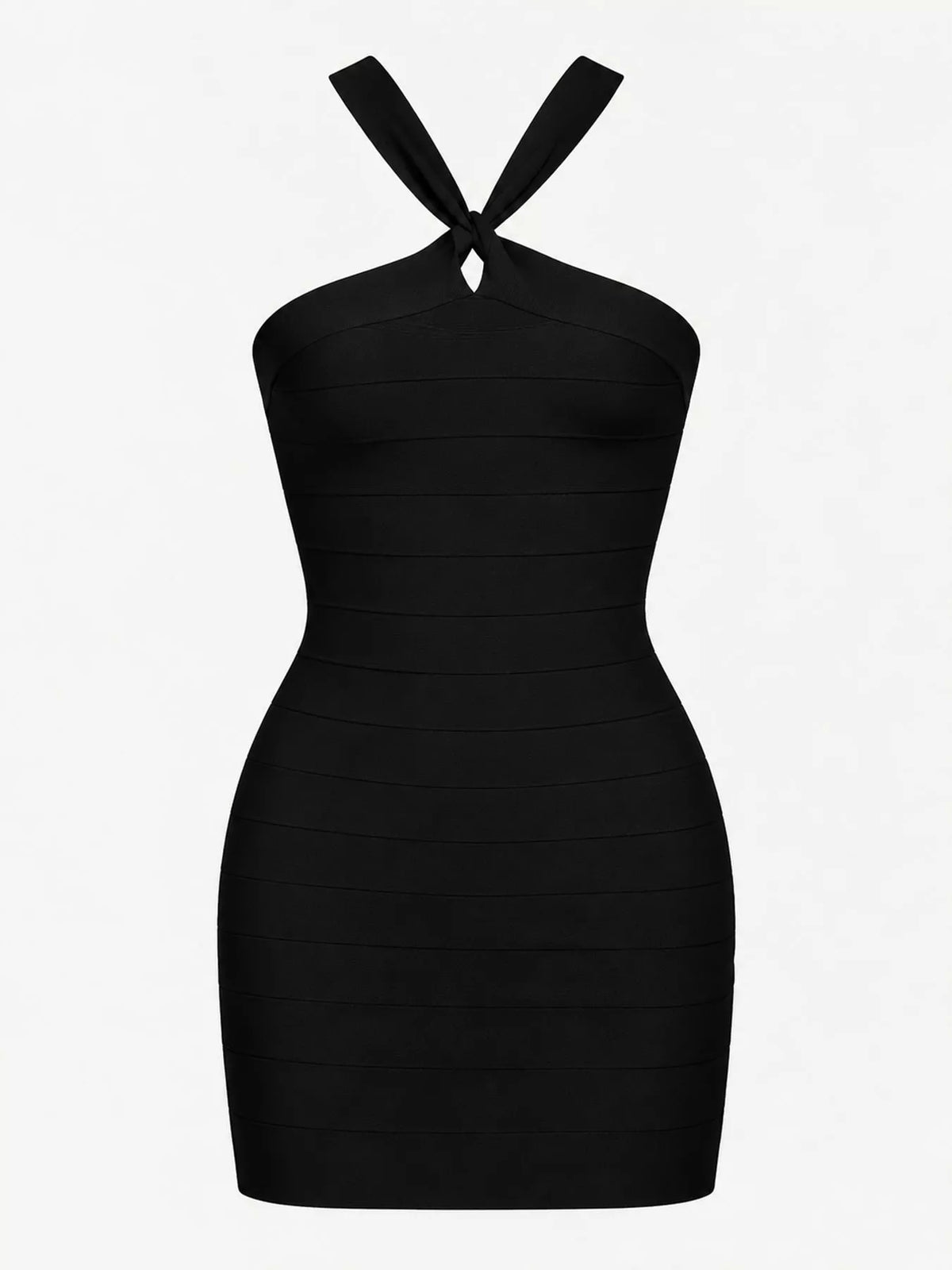 Black halter neck bodycon dress, front view
