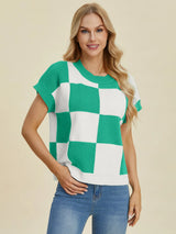 Trendsi Double Take Full Size Checkered Round Neck Short Sleeve Sweater -