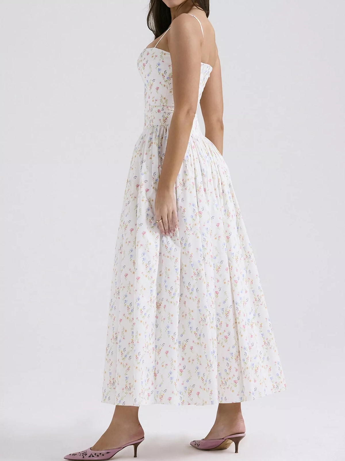 Women's Paneled Bodice Gathered Midi Dress in small floral — side view