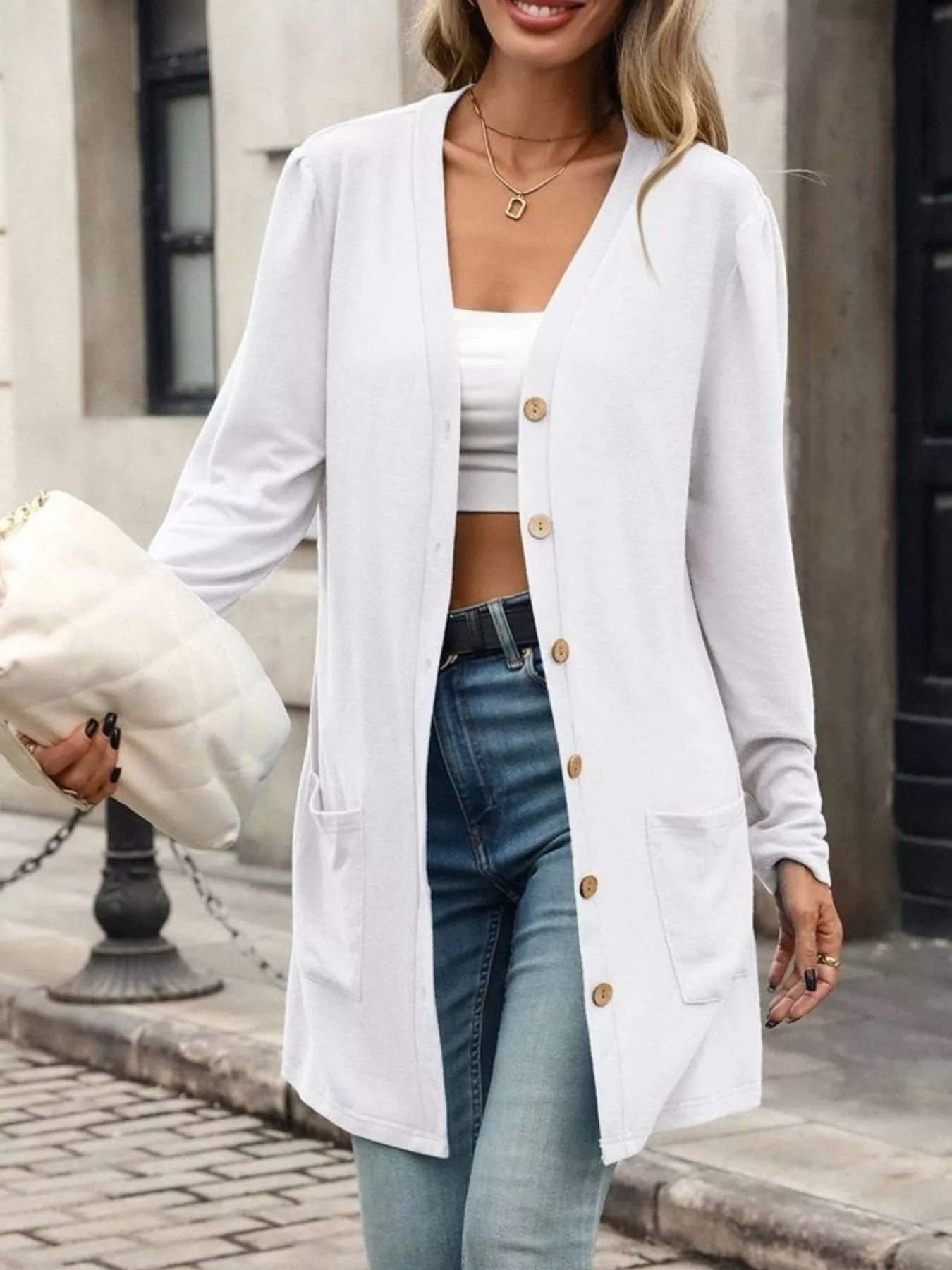 Trendsi V-Neck Button-Up Long Sleeve Cardigan with Pockets -