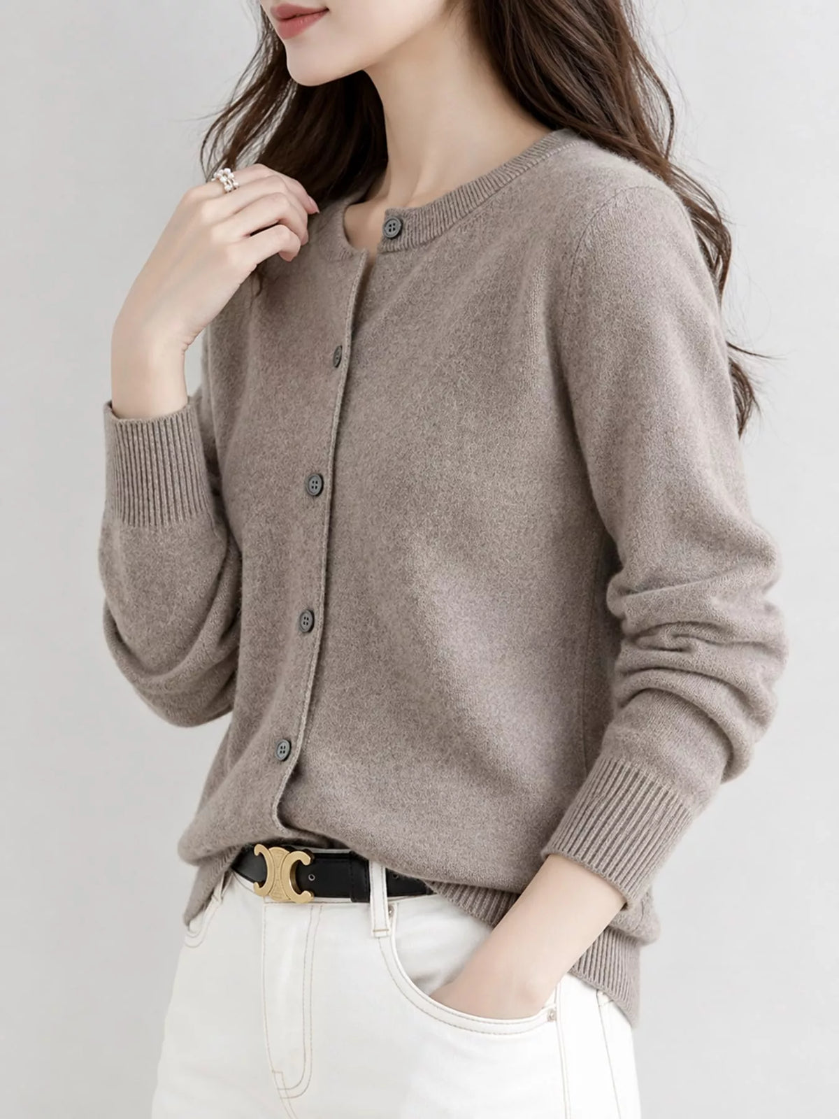 Button-down cardigan, taupe side