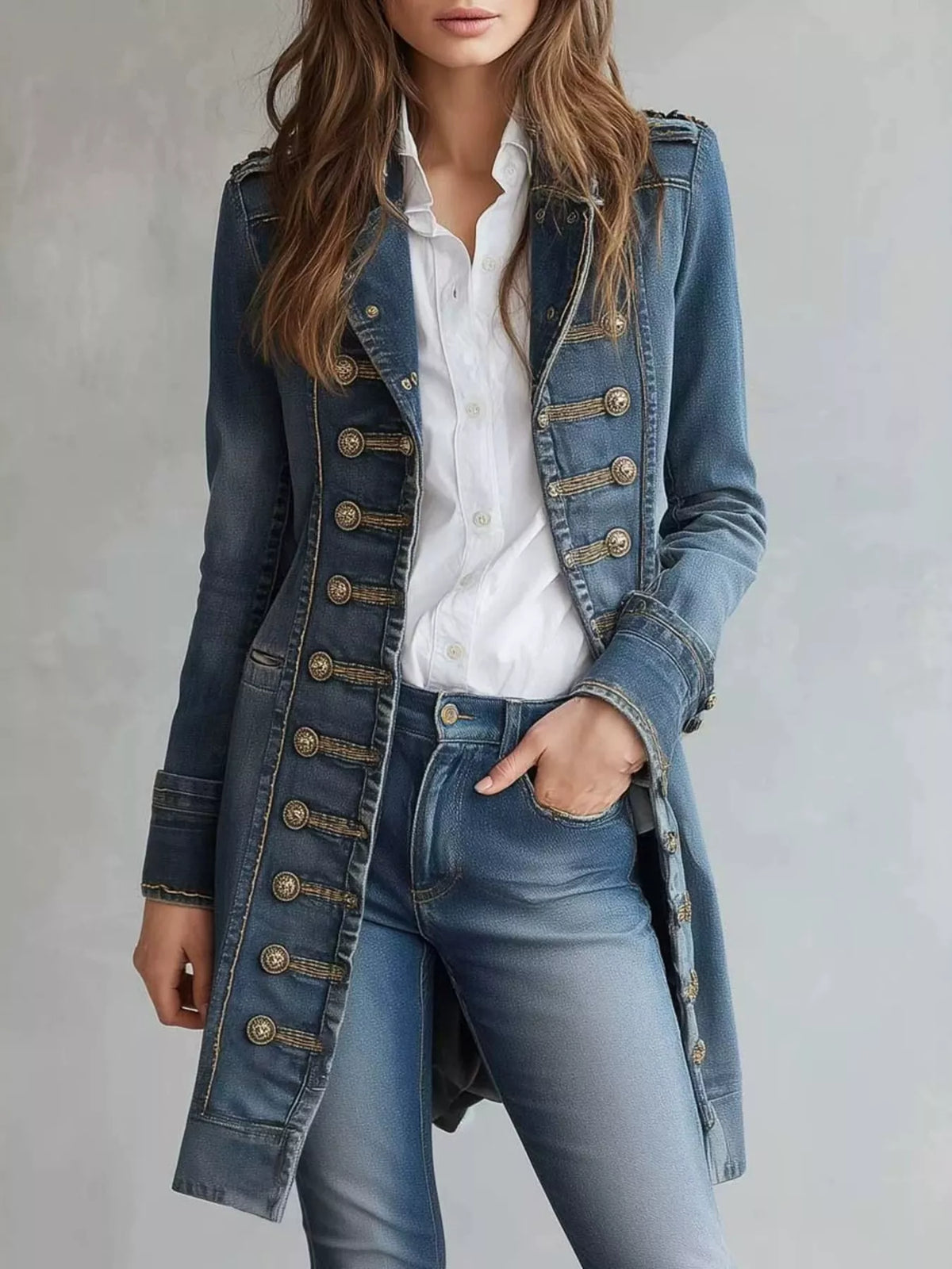 Blue decorative button longline denim jacket