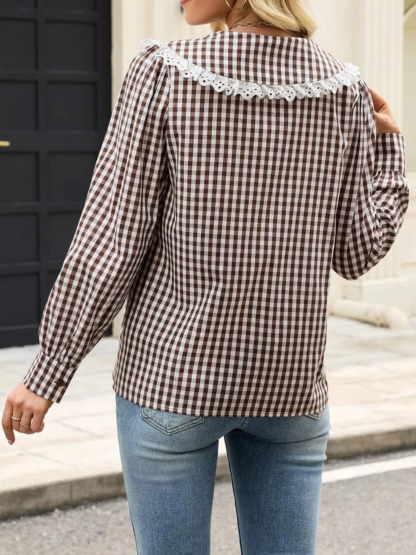 Trendsi Lace Peter Pan Collar Button Up Shirt -