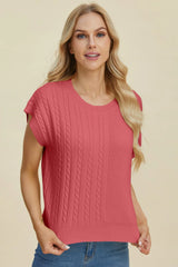 Trendsi Double Take Full Size Cable-Knit Round Neck Short Sleeve Sweater -