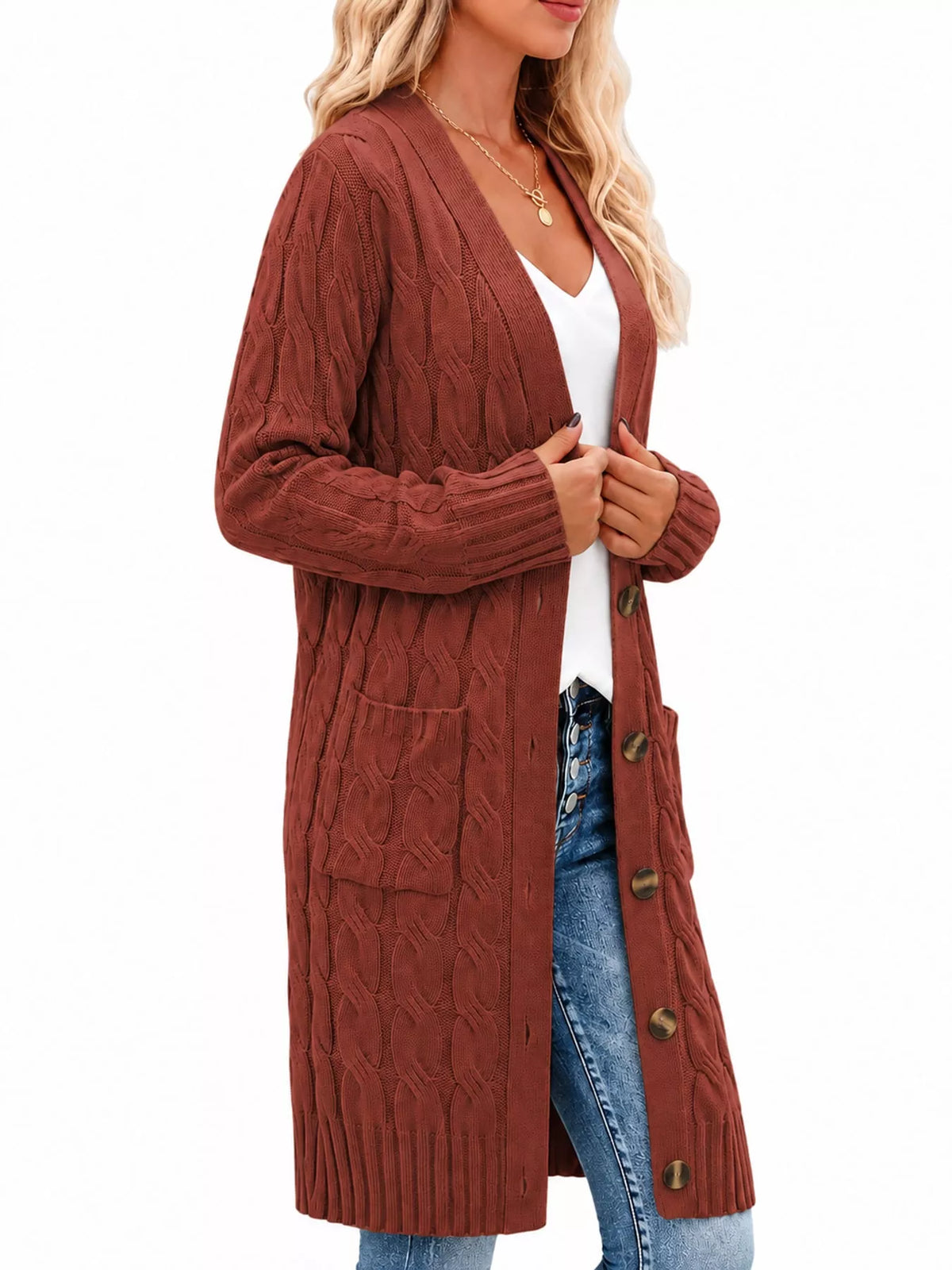 Cable Knit Button-Down Cardigan with Pockets — side view