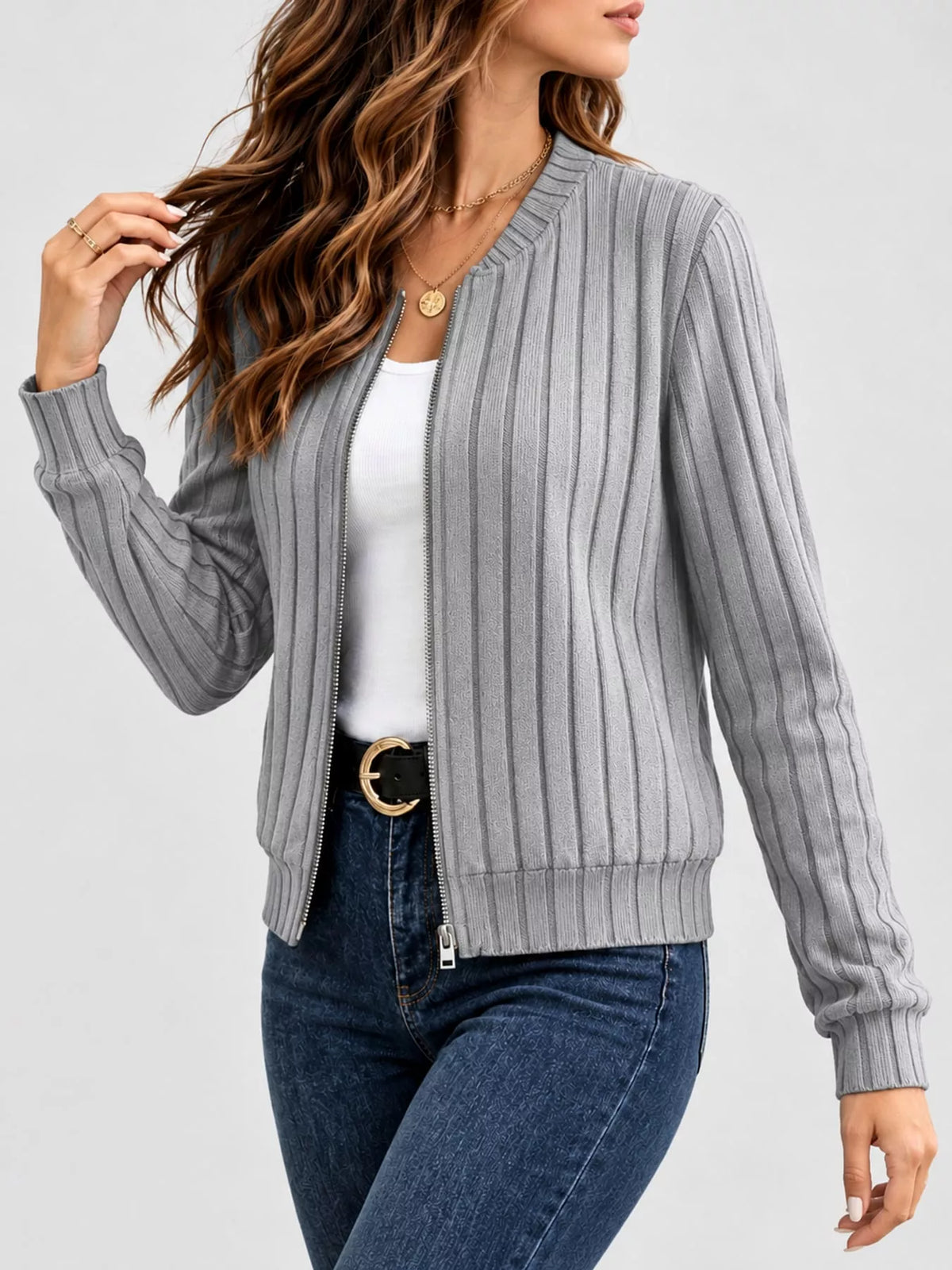 Ribbed Knit Zip-Up Bomber Jacket — front view