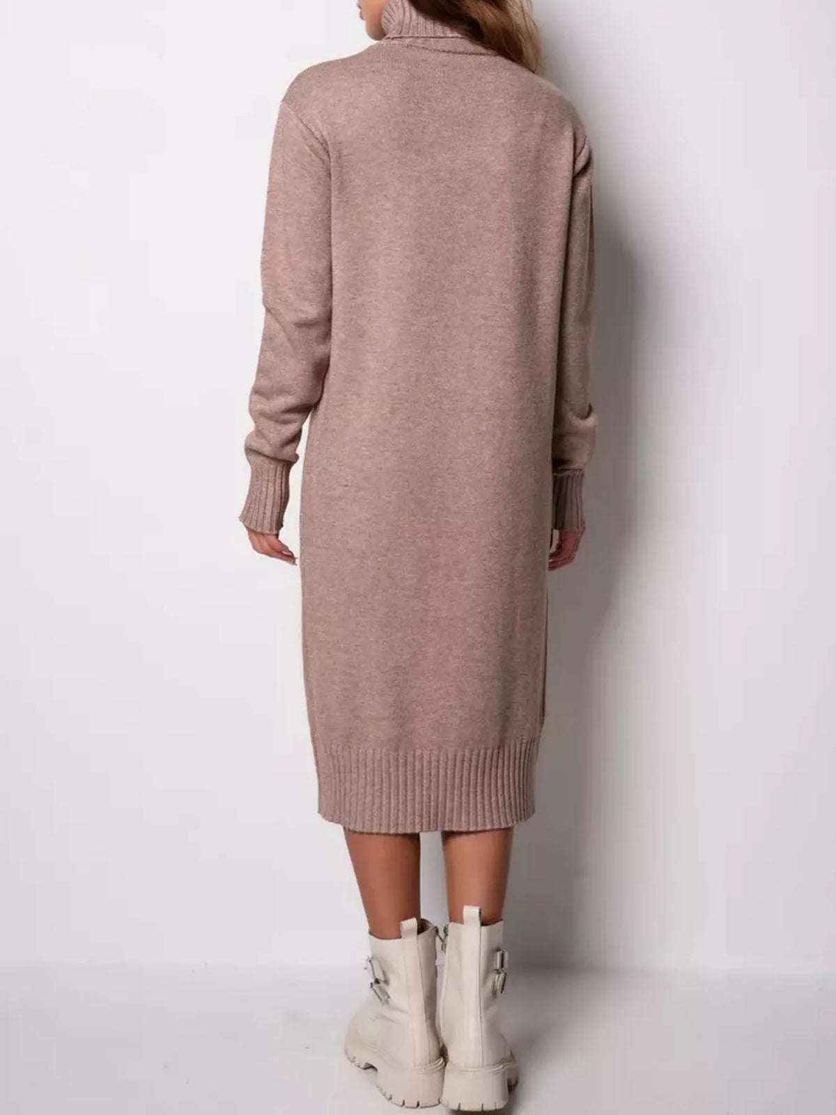 Camel turtleneck sweater dress, back view