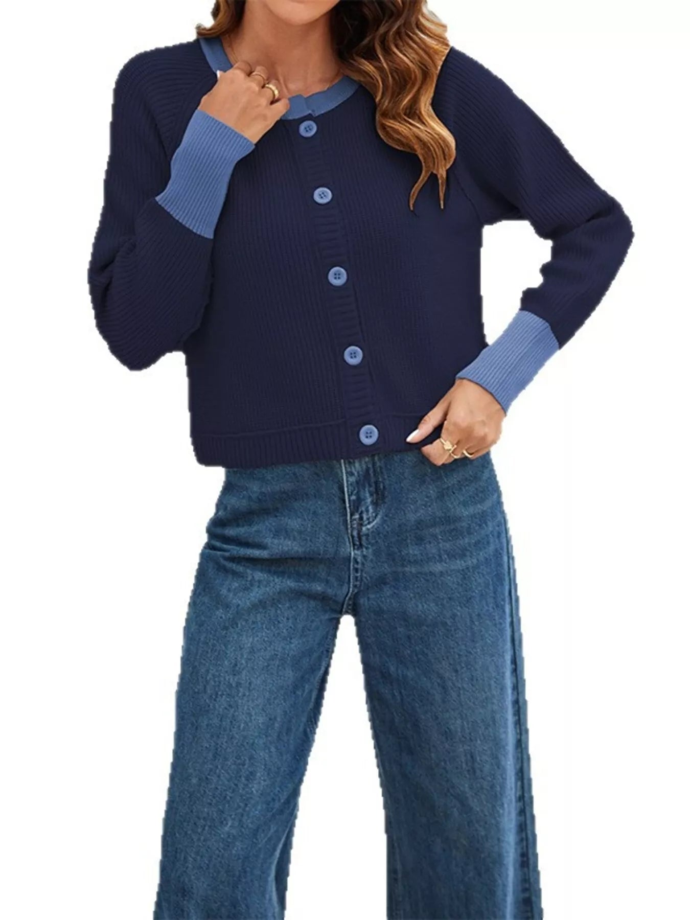Trendsi Color Block Ribbed Knit Button-Front Cardigan -