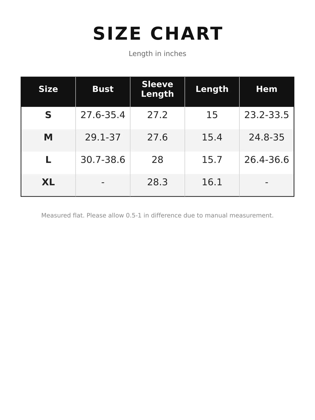 Round neck long sleeve blouse, size and measurement chart