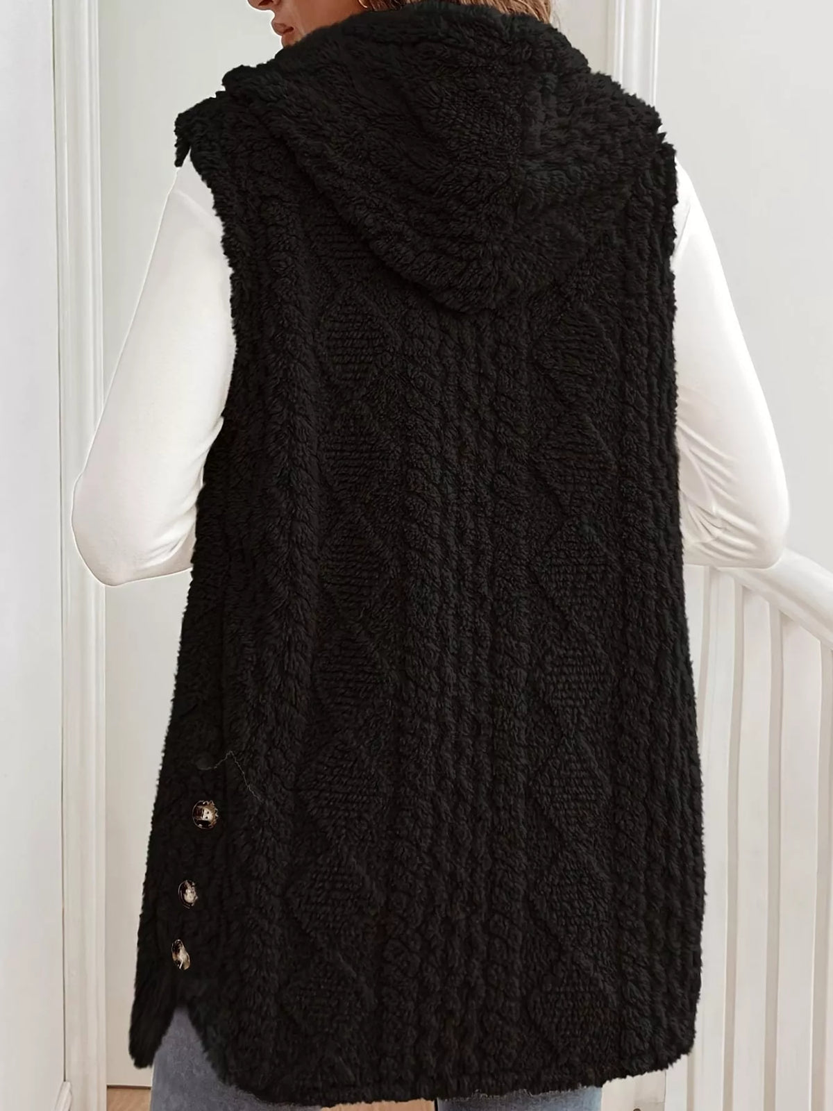 Hooded Sherpa Vest Coat, back view in black