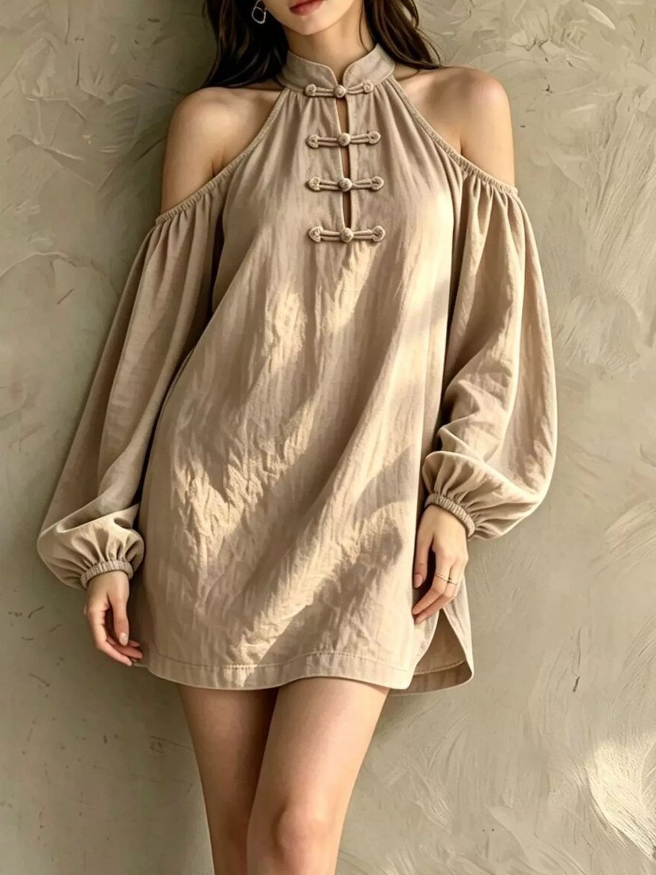 Trendsi Cold-Shoulder Balloon Sleeve Mini Dress -