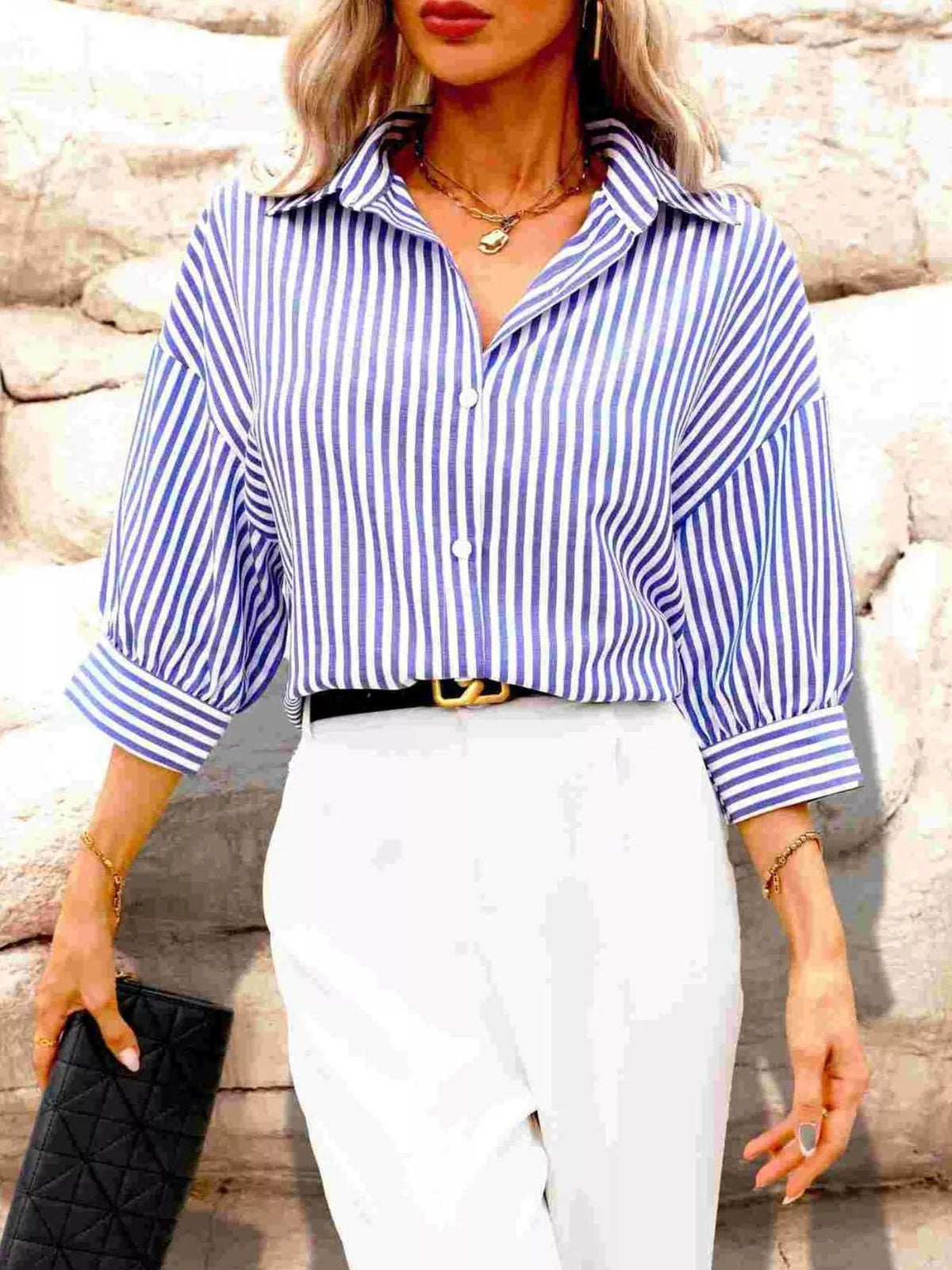 Blue Striped Button-Down Shirt front view