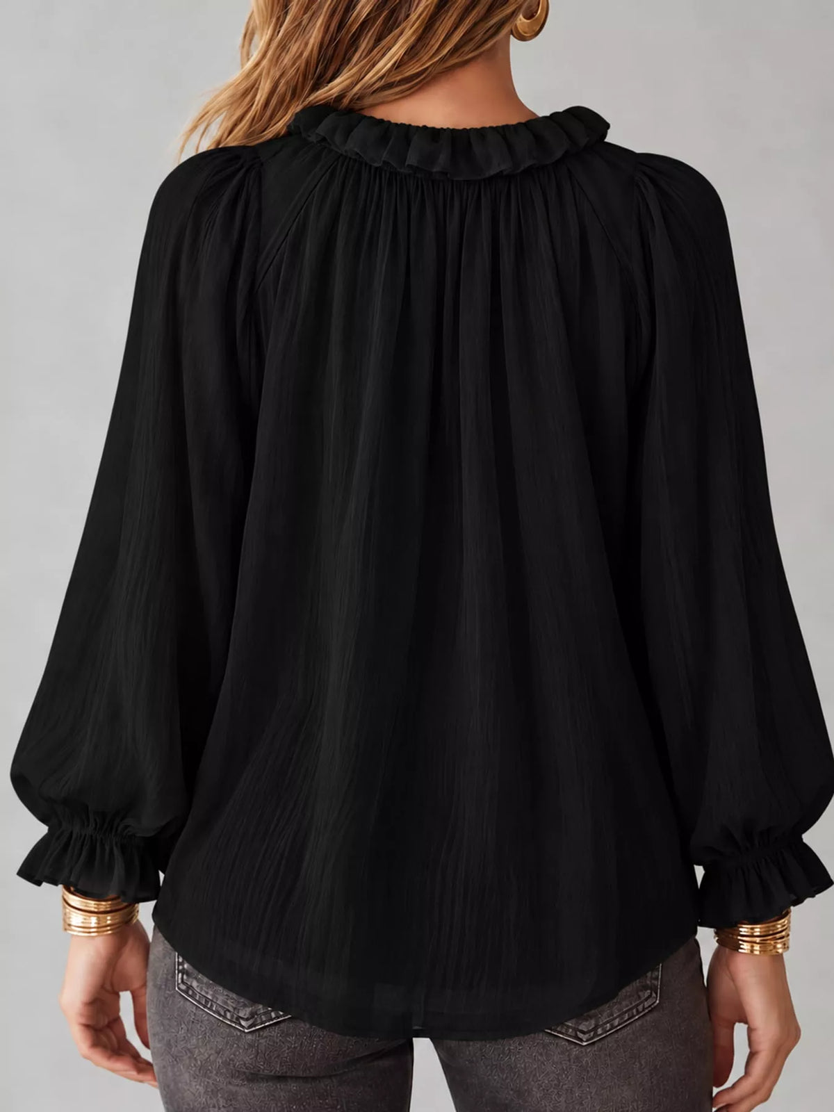 V-neck long sleeve blouse, back view