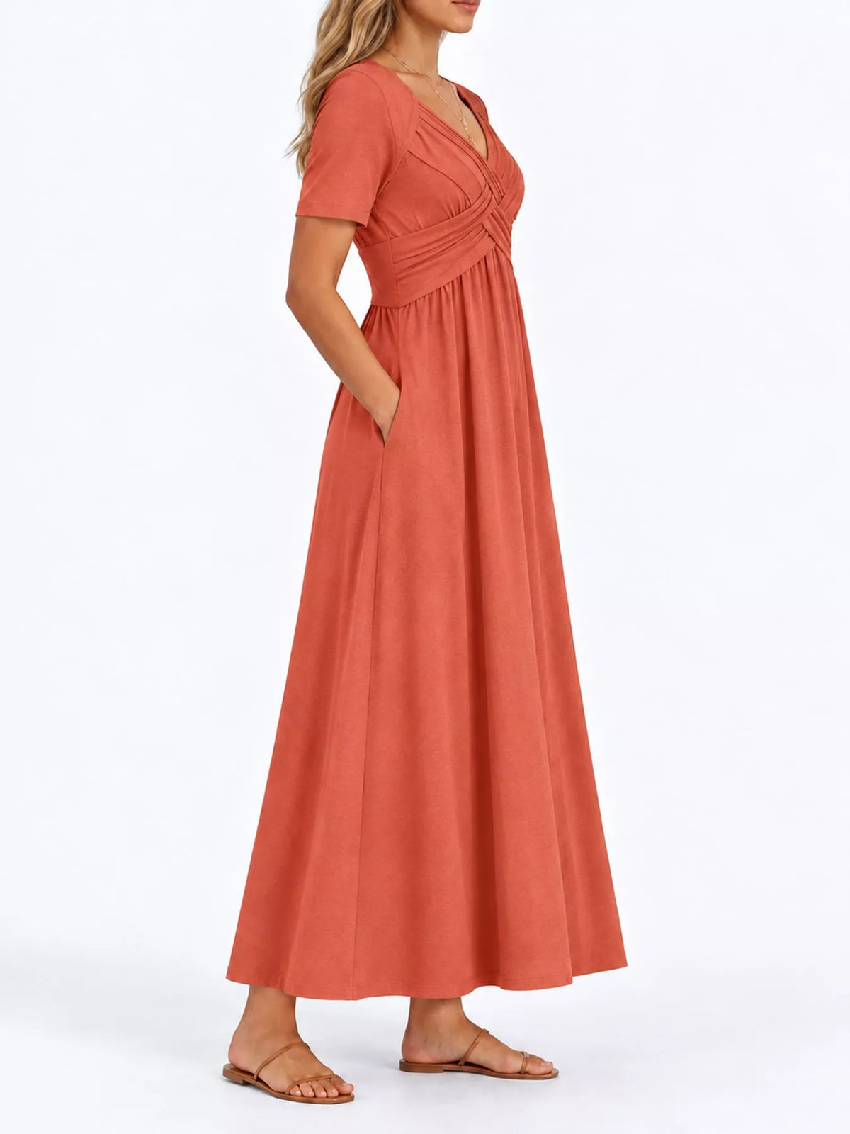 Orange crisscross short sleeve midi dress, side view
