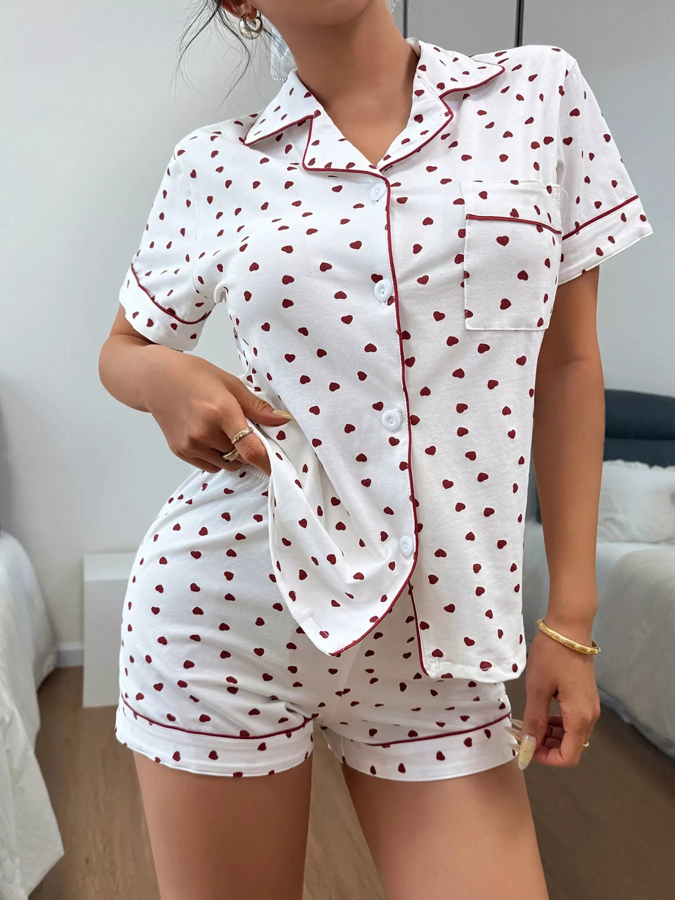 Trendsi Heart Print Button-Down Short Sleeve Top and Shorts Lounge Set -