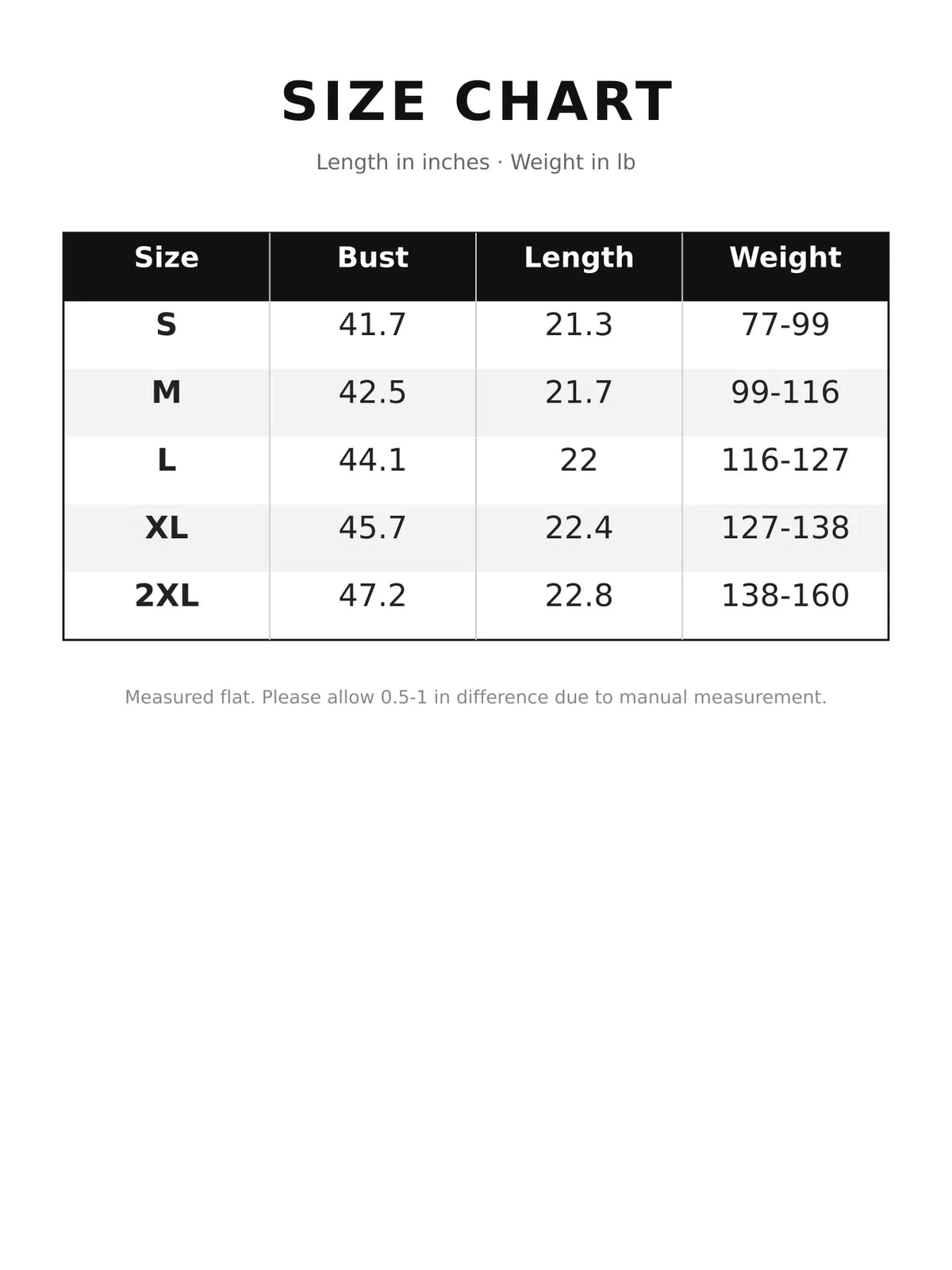 Size chart for oversized zip-up cropped hoodie