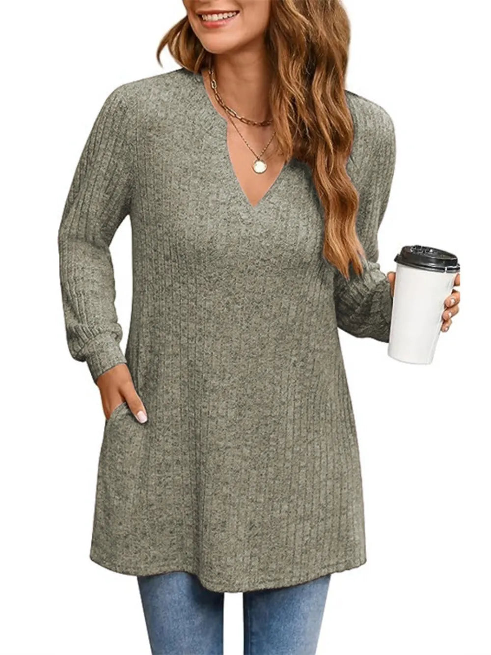Trendsi Ribbed Notched Long Sleeve T-Shirt -