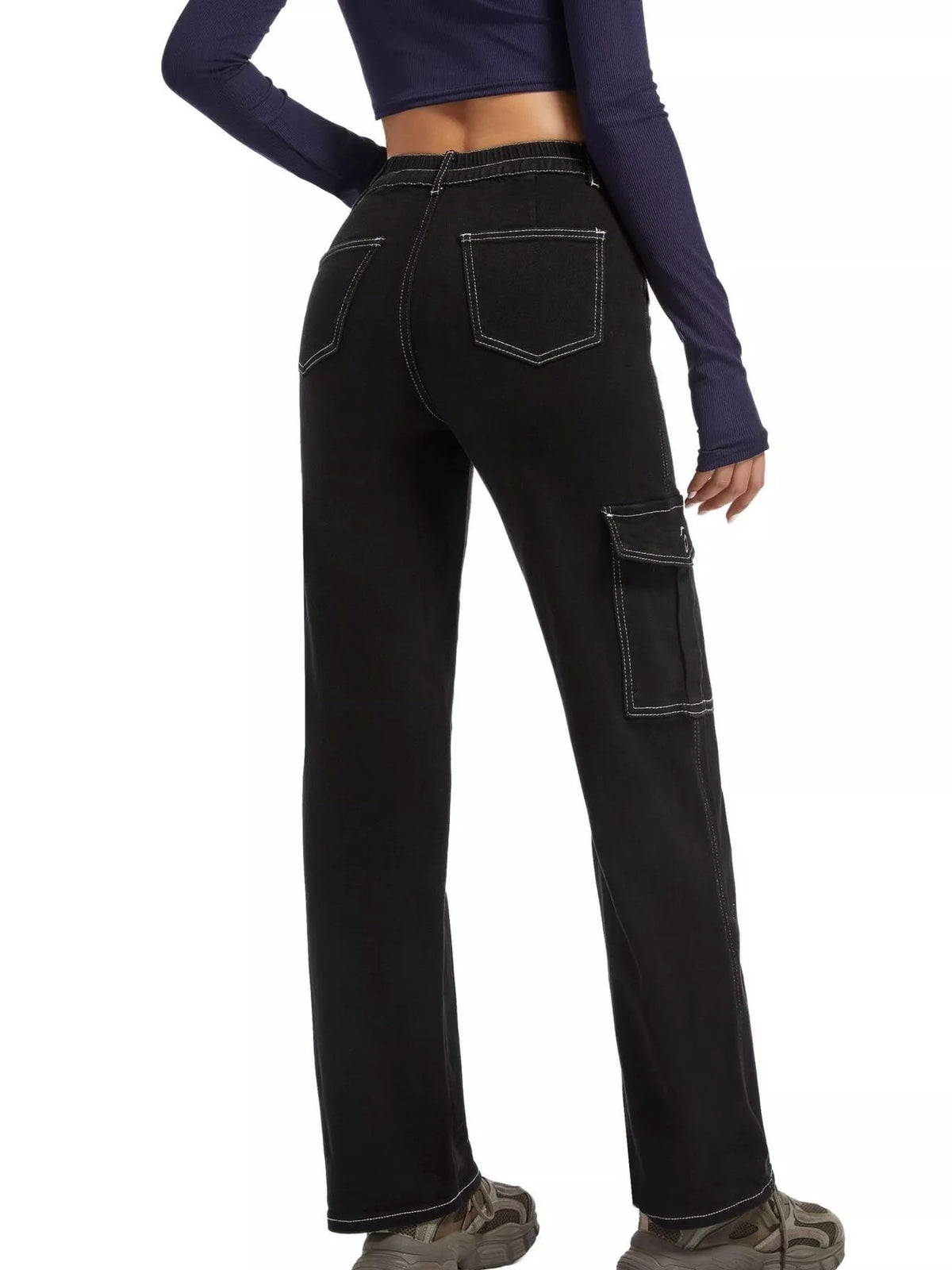 Black wide-leg cargo jeans, back view