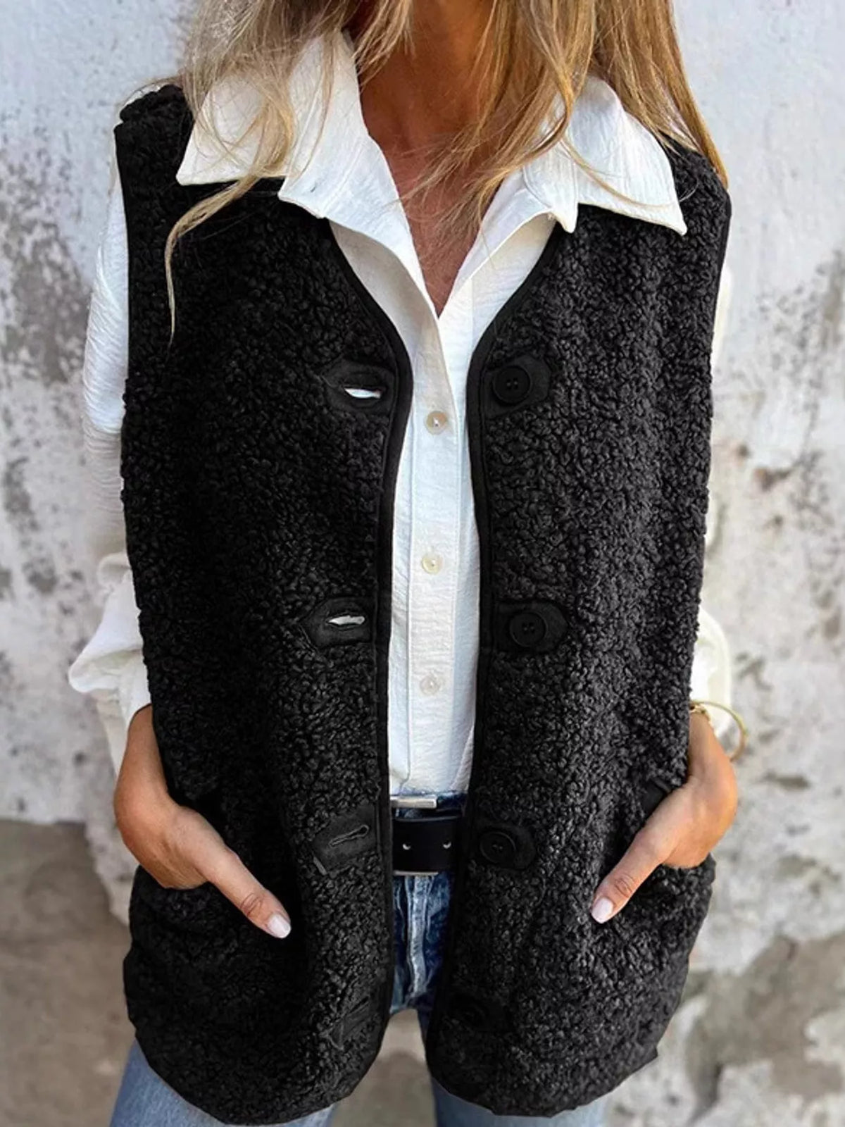 Women's Sherpa Button-Down Vest in black — front view