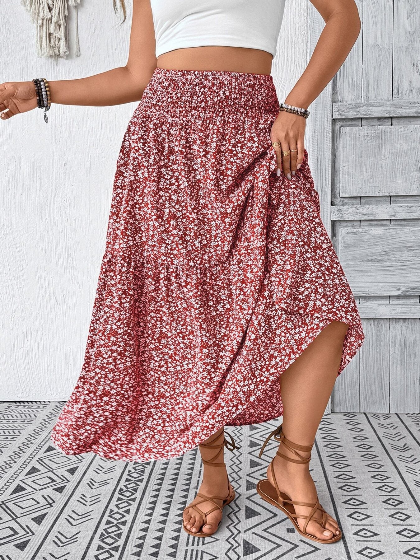 Trendsi Plus Size Floral Print Tiered Skirt -