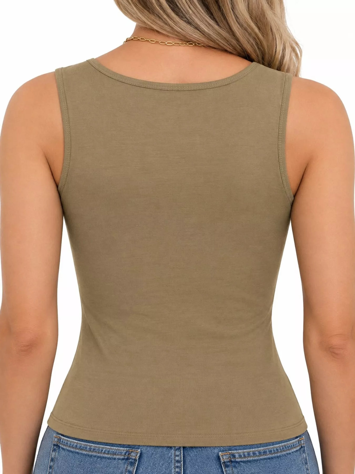 Khaki square-neck tank, back view