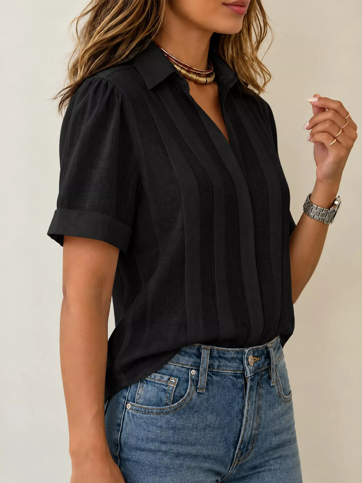 Black button up short sleeve shirt