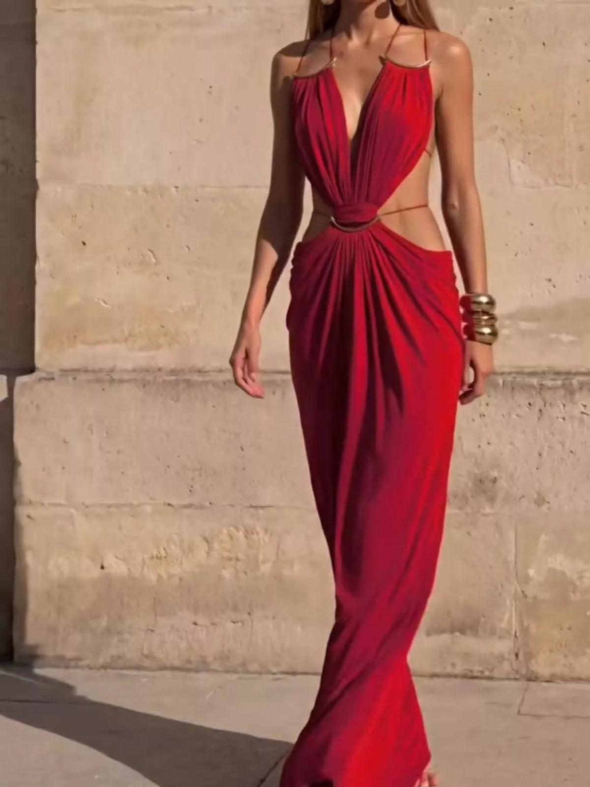 Red backless plunge cut-out maxi dress