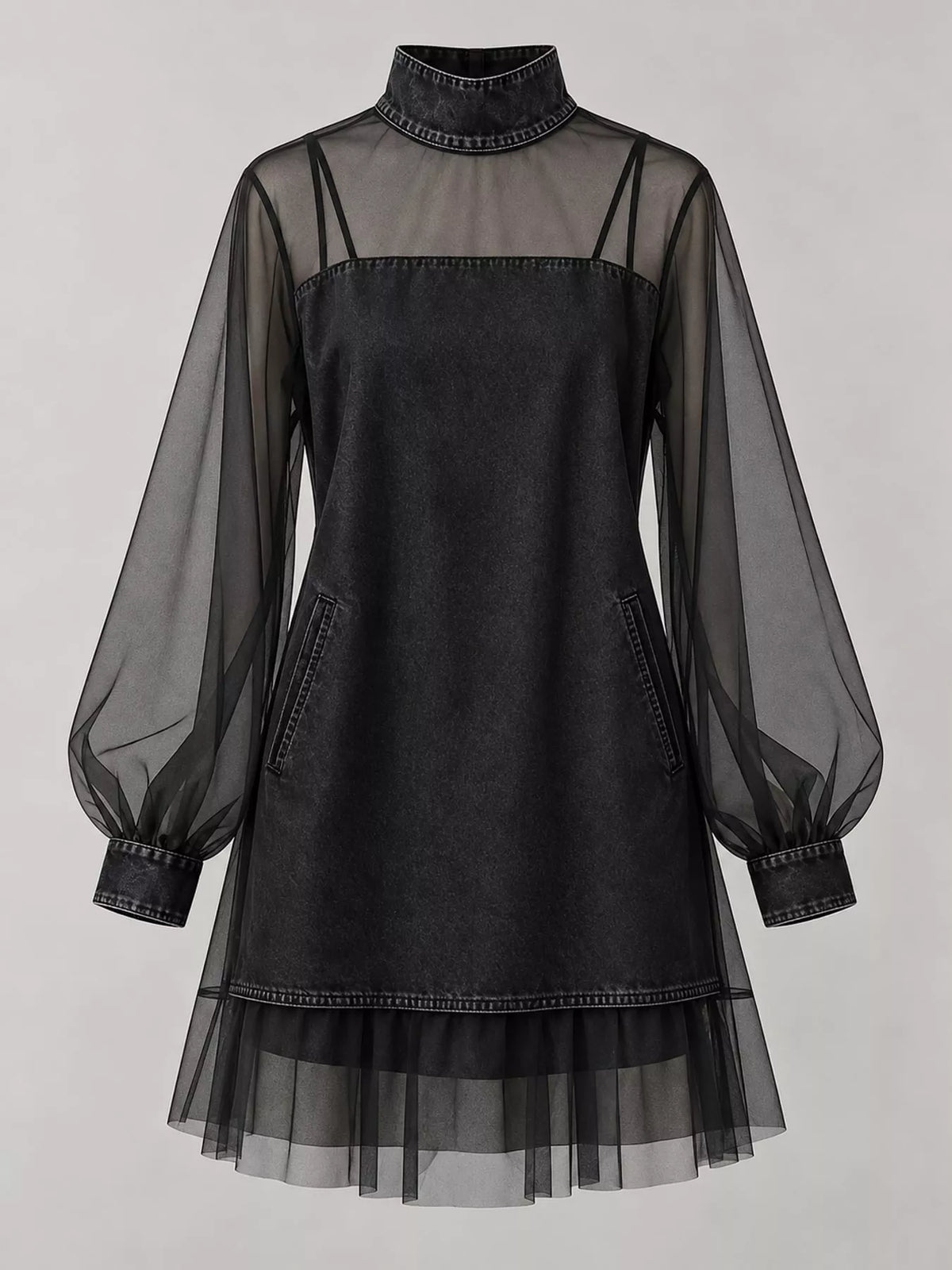Women's Mock Neck Sheer Mesh Patchwork Denim Dress in black — flat lay view