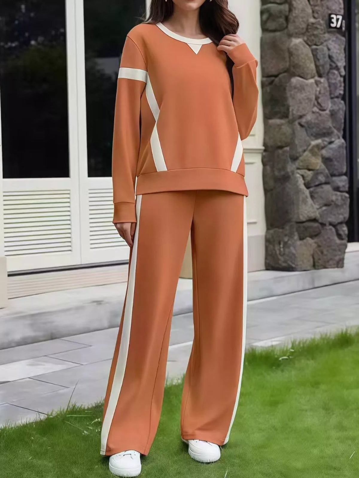 Contrast Striped Crew Neck Top and Pants Set in orange