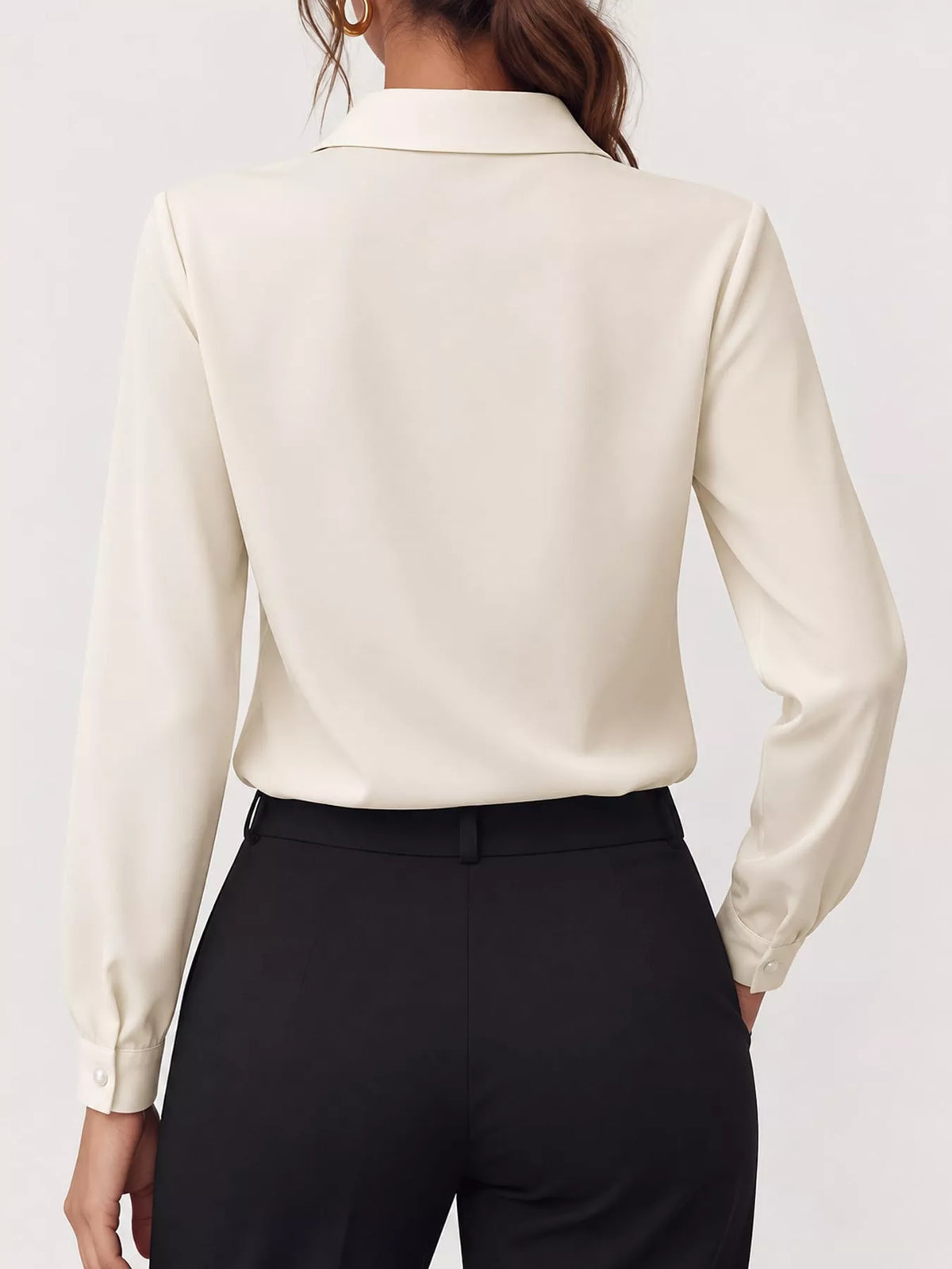 Women's Collared Clasp Detail Long Sleeve Satin Blouse in cream — back view