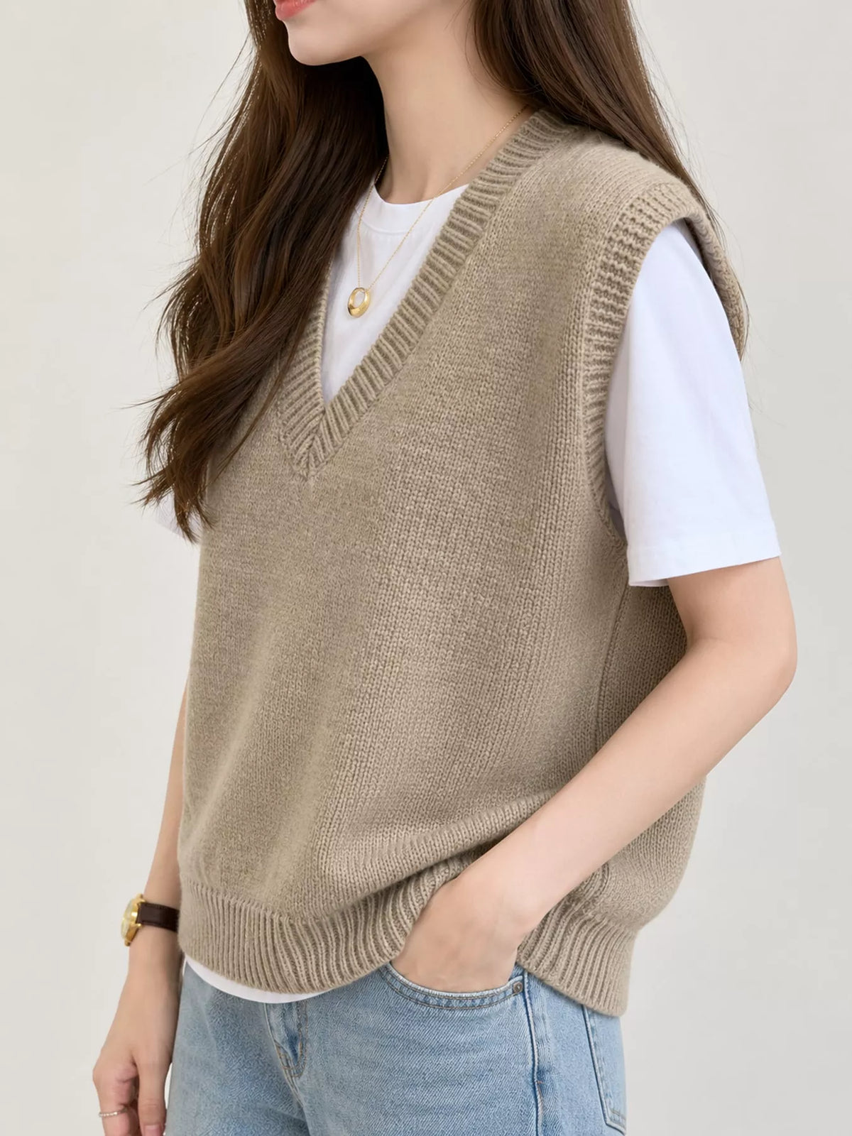 Camel v-neck knit sweater vest