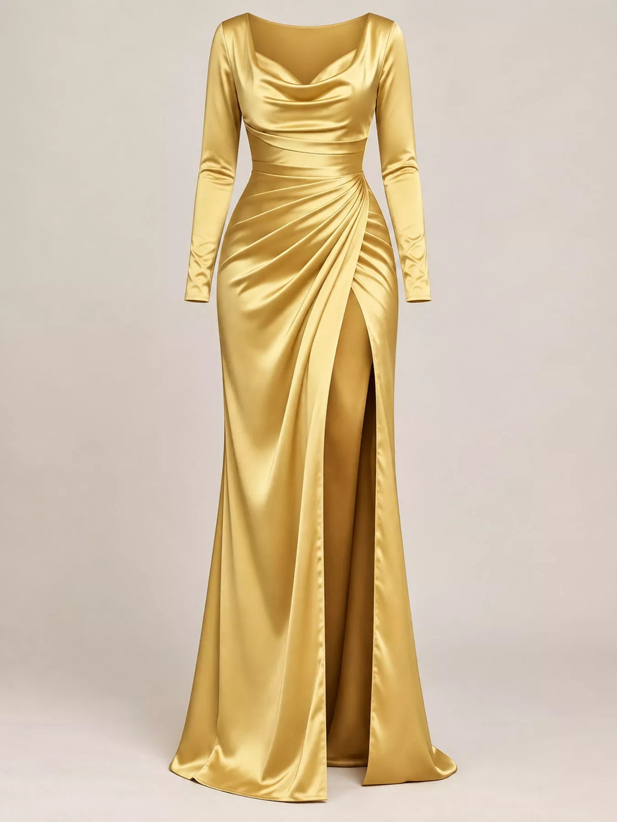 Gold satin cowl neck high slit maxi dress, front view