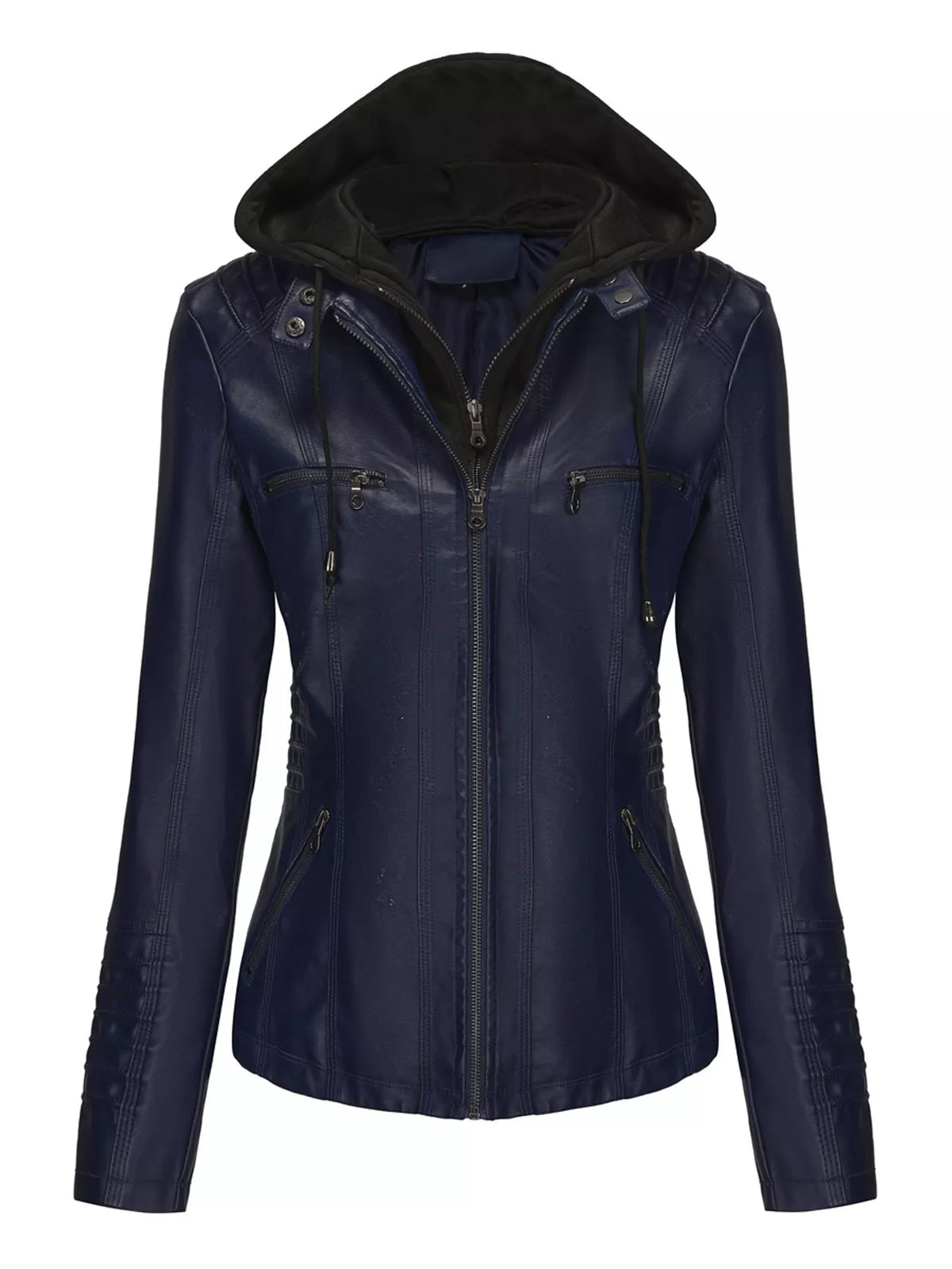 Hooded faux-leather jacket, navy flat front