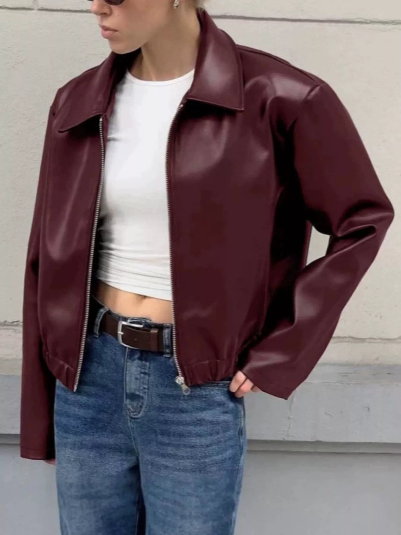 Trendsi Faux Leather Zip Up Jacket -