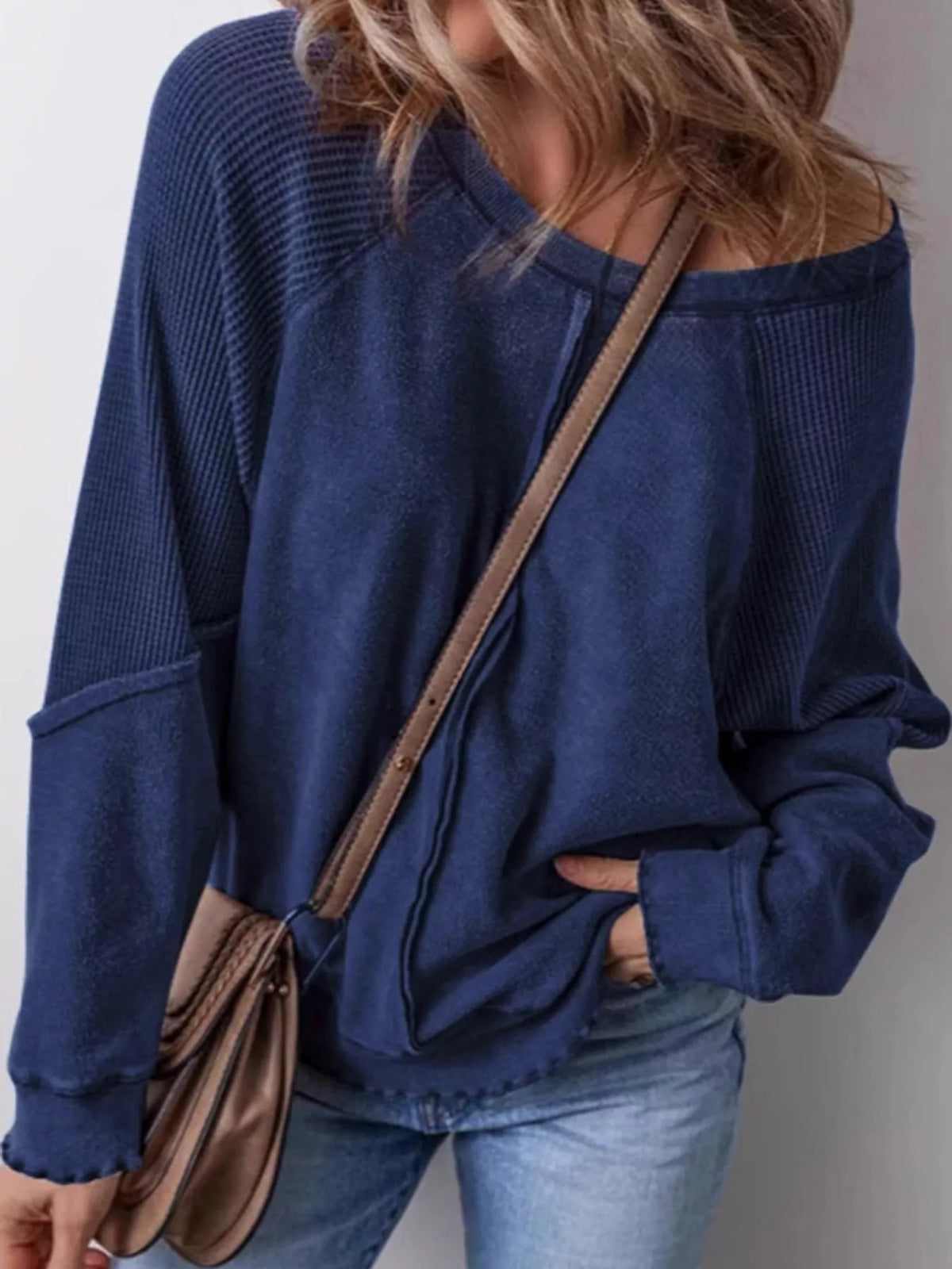 Waffle-knit sweatshirt, navy front