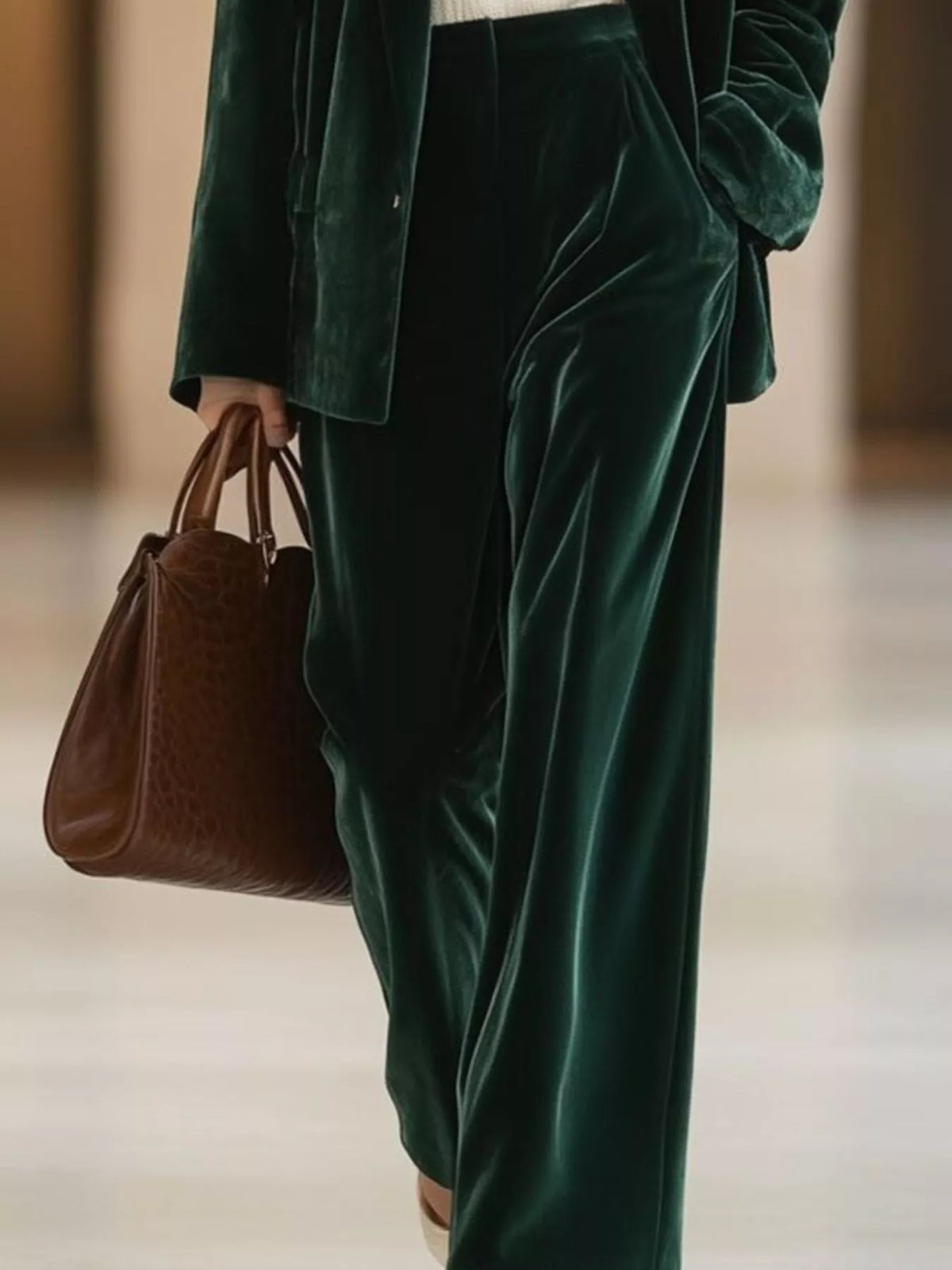 Green velvet blazer and wide-leg pants set, pants detail