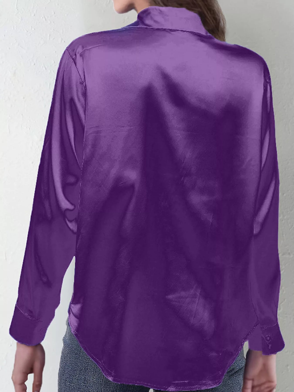 Purple satin button-down long sleeve shirt, back view