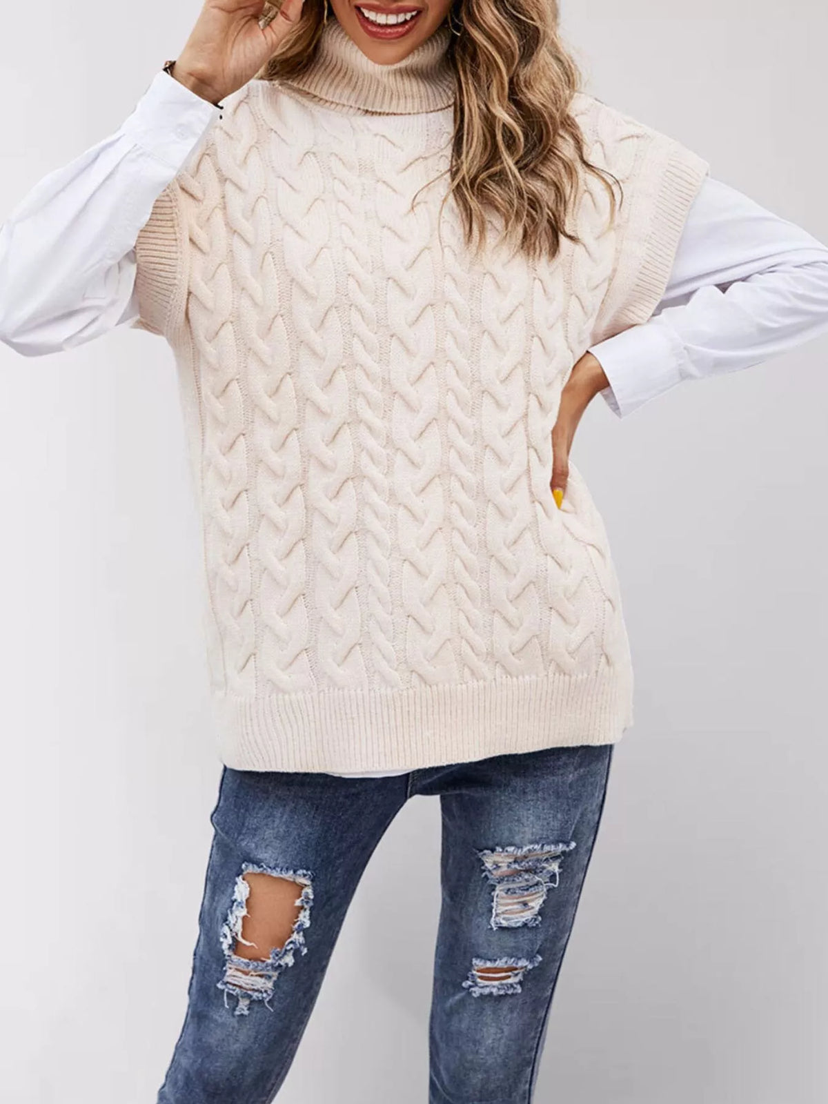 Trendsi Chunky Knit Turtleneck Cap Sleeve Sweater -
