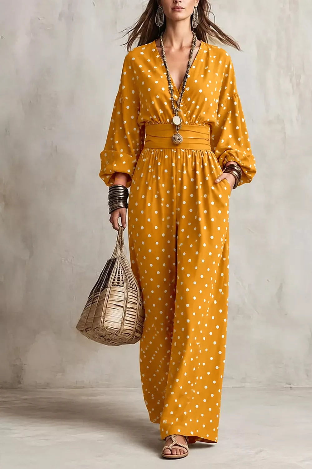 Women's Polka Dot Wide-Leg Jumpsuit in Mustard, detail view