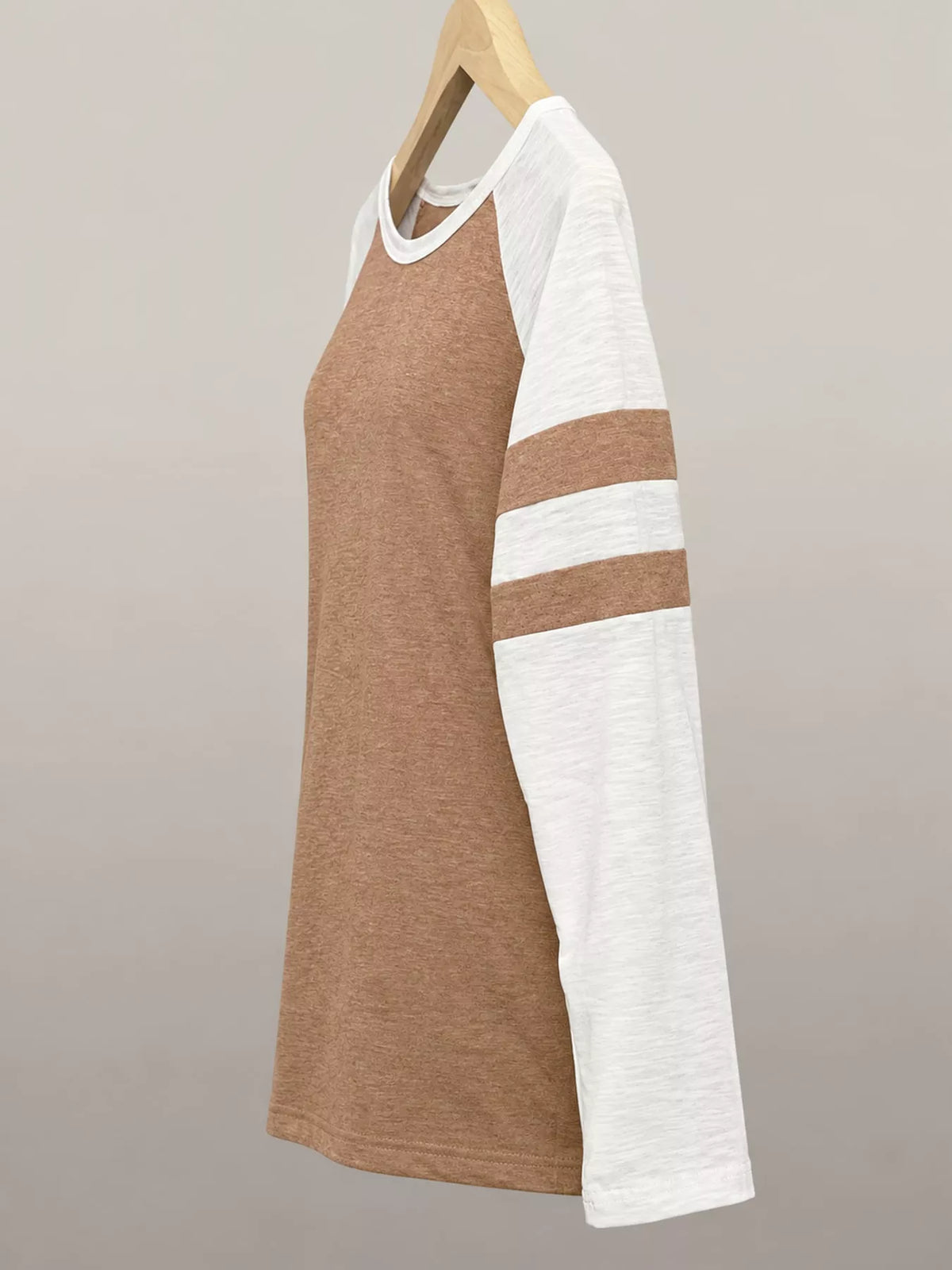 Brown color-block raglan sleeve striped t-shirt, side view