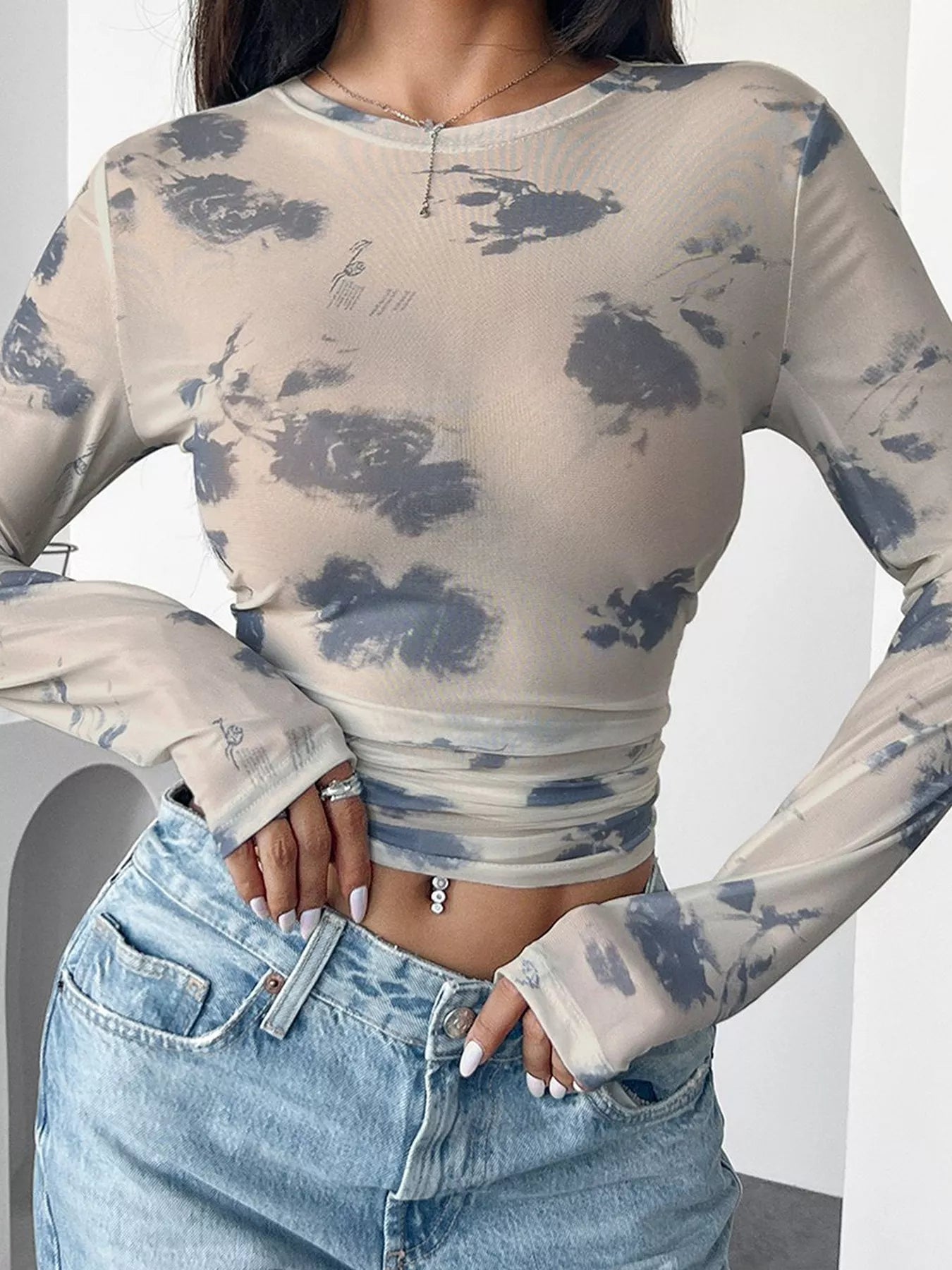Trendsi Sheer Cloud Print Long Sleeve T-Shirt -