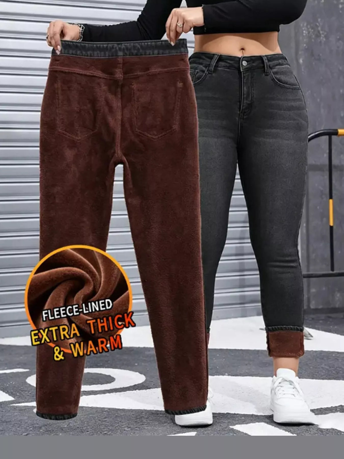 Black Gray high-waisted fleece-lined skinny jeans
