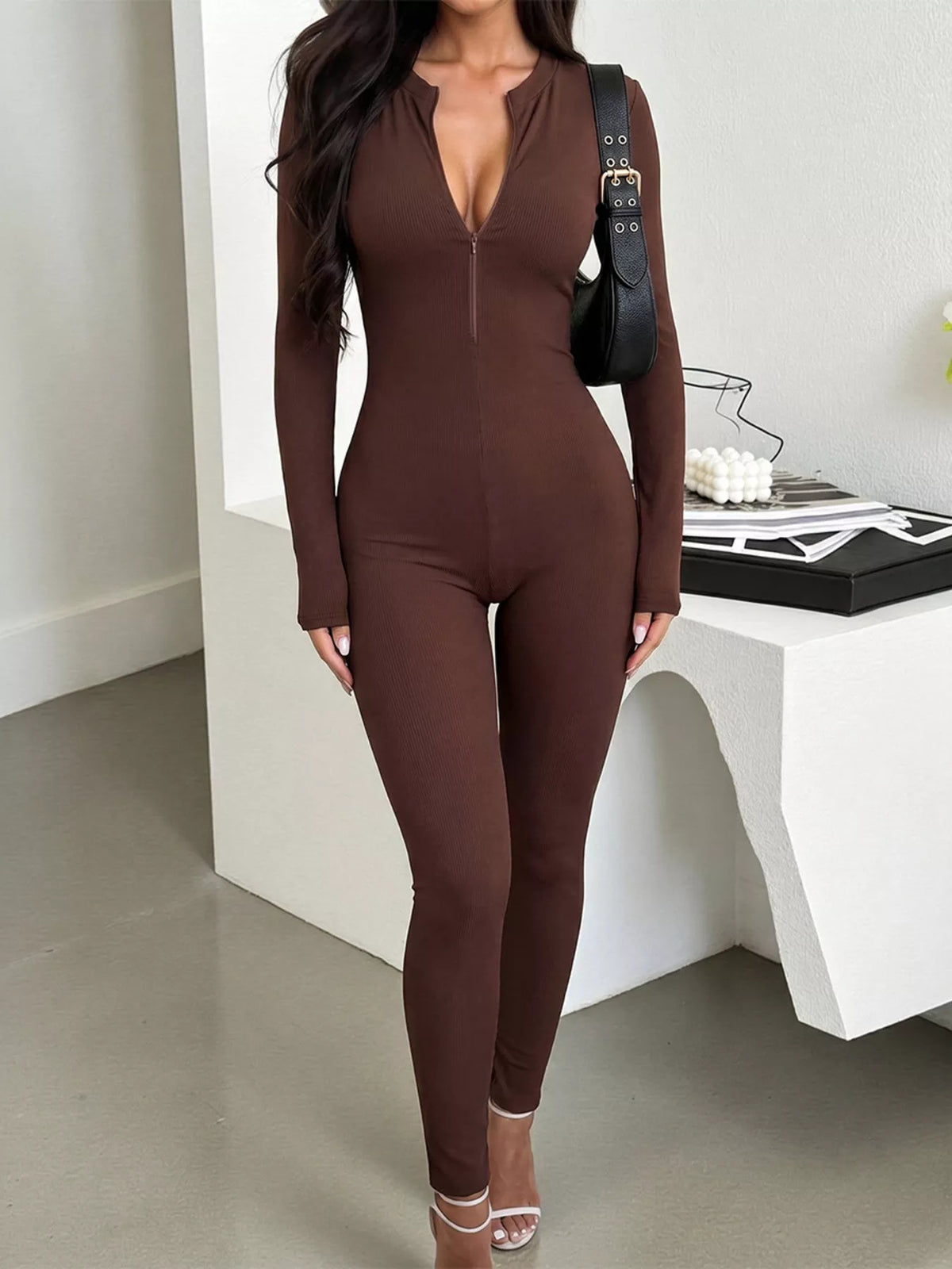 Long Sleeve Ribbed Zip-Front Slim Fit Jumpsuit, front view