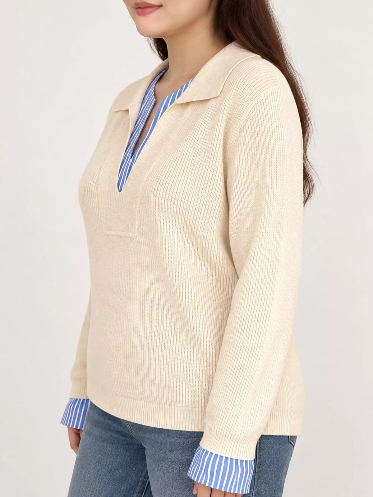 Cream layered look striped sweater, side view